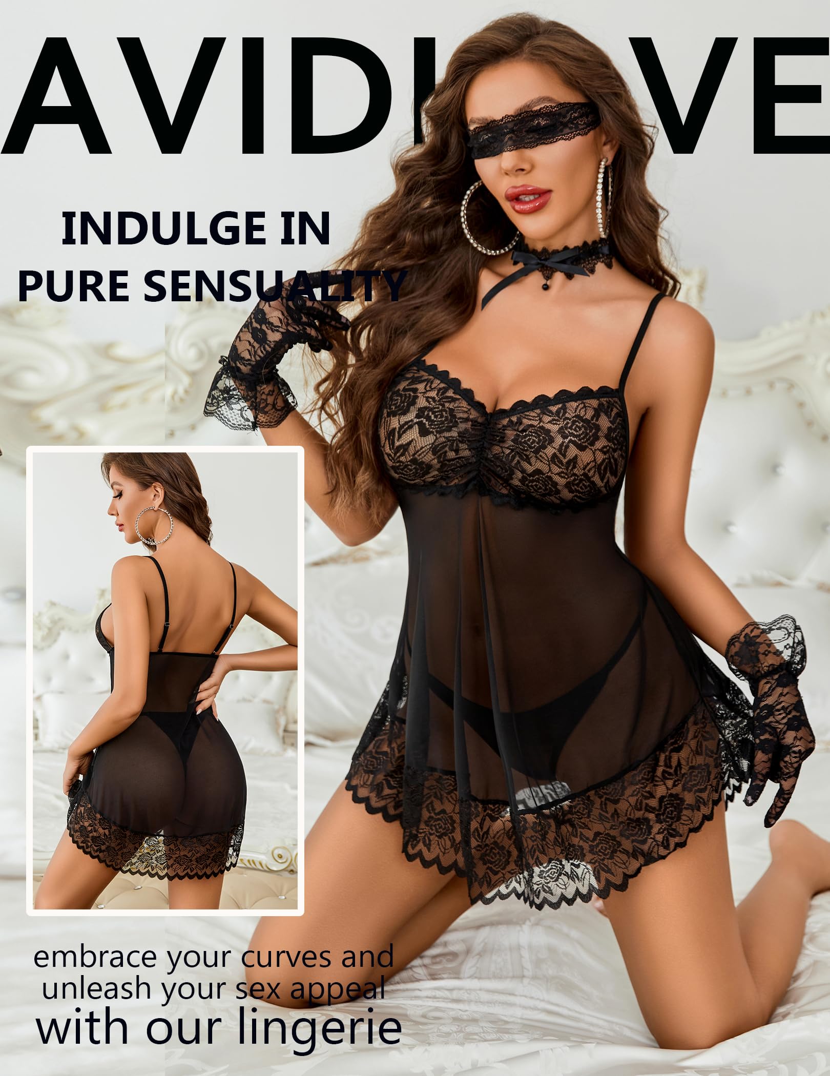 Avidlove Sexy Lace Babydoll Lingerie Set - Sheer Mesh Chemise Nightie for Women, Bridal Wedding Nightwear, Perfect for Honeymoon & Romantic Occasions