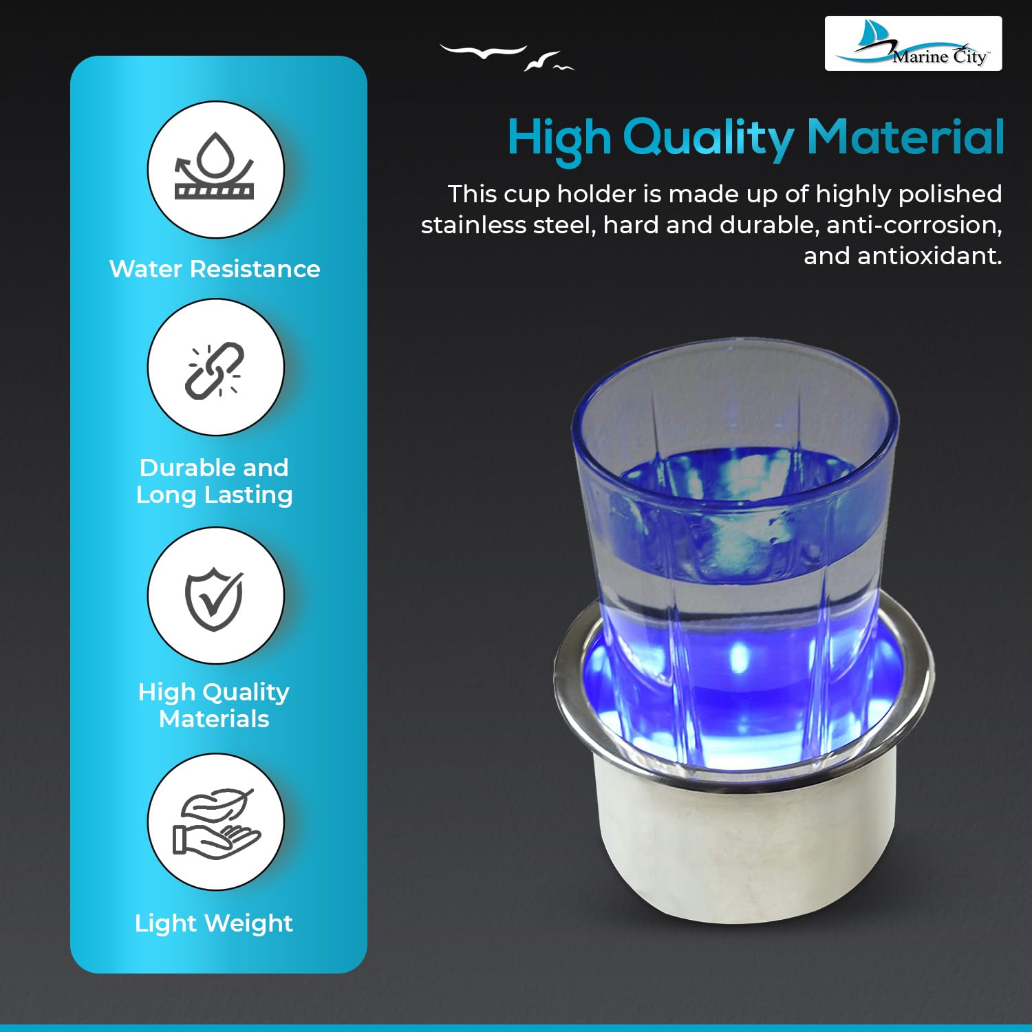 8 Blue LED Cup Holder with Drain – 304 Stainless Steel Marine Drink Holder, Corrosion-Resistant Boat Accessory for Yachts, Ships & Kayaks (10 Pack) – Perfect for Night Cruising & Party Lighting