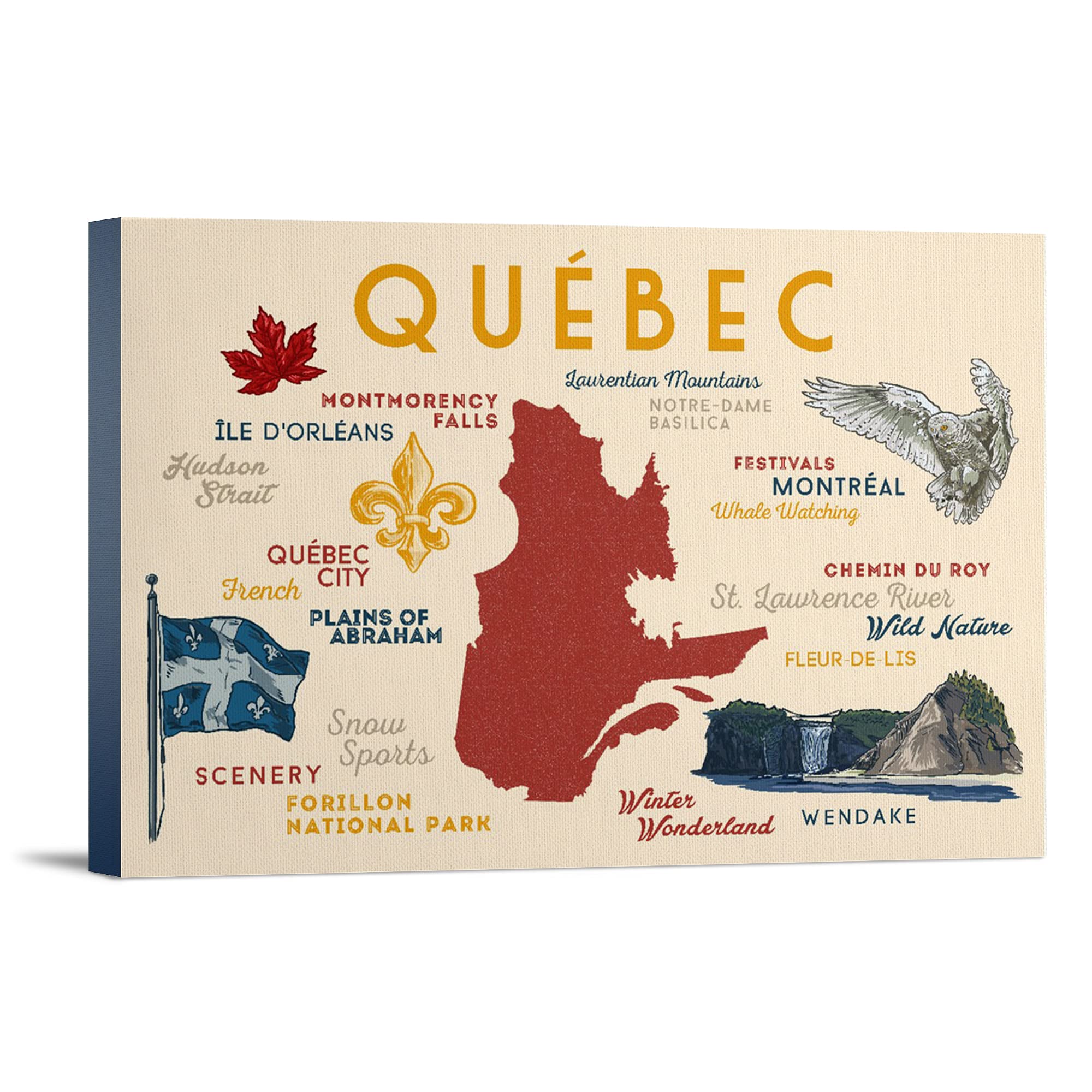 Lantern Press Quebec Canada Typography & Icons Wall Art - 16x24 Wrapped Canvas Print - Modern Home Decor for Living Room, Bedroom & Office