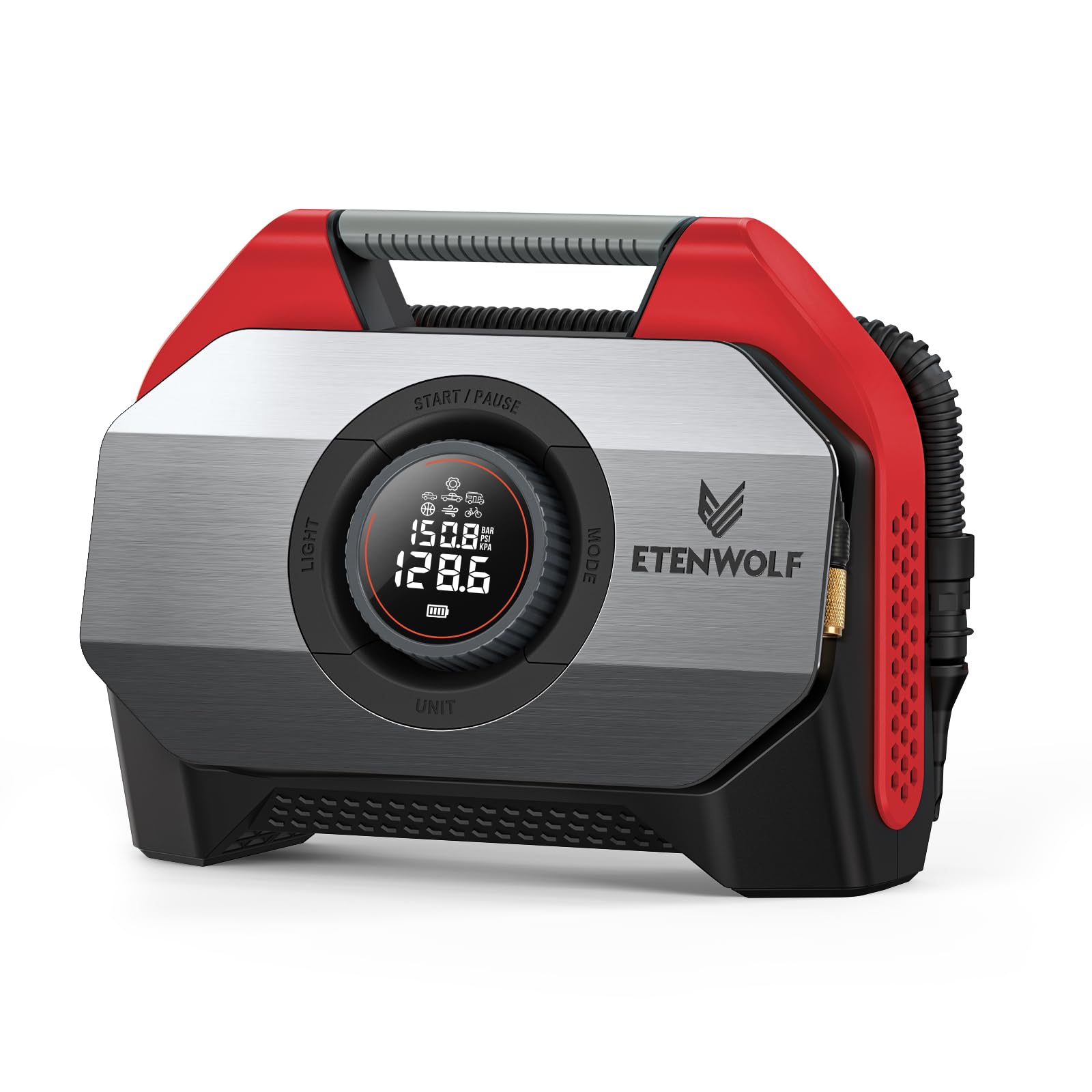ETENWOLF VORTEX S6 Cordless Tire Inflator - 19200mAh Portable Air Compressor for Cars, Trucks, Bikes & Inflatables - Heavy Duty Dual Cylinder Pump with 100% Duty Cycle (Red) - Perfect for Road Trips, Camping & Emergency Tire Inflation