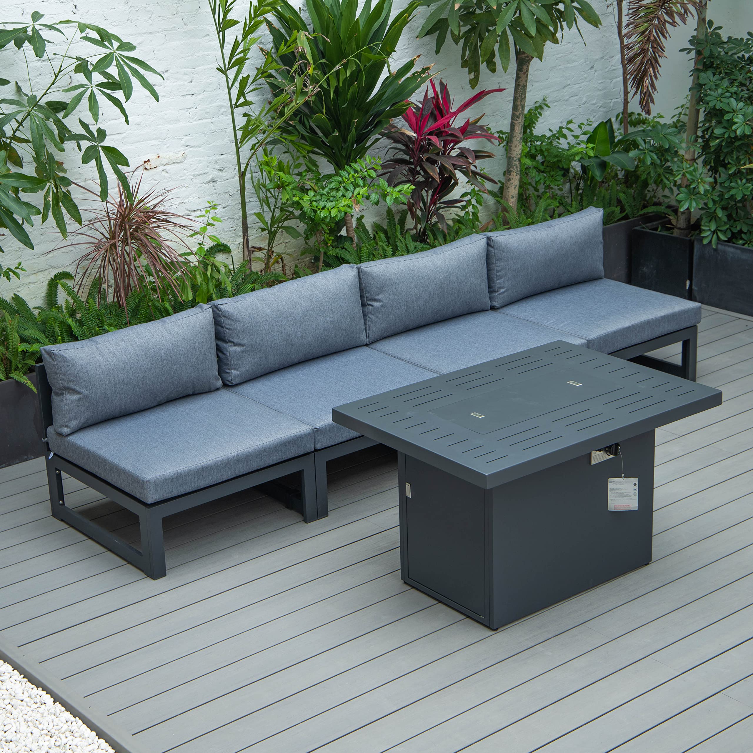 LeisureMod Chelsea 5-Piece Outdoor Patio Sectional Sofa Set with Fire Pit Table - Waterproof Blue Wicker Furniture for Backyard, Garden, Poolside & Deck Relaxation