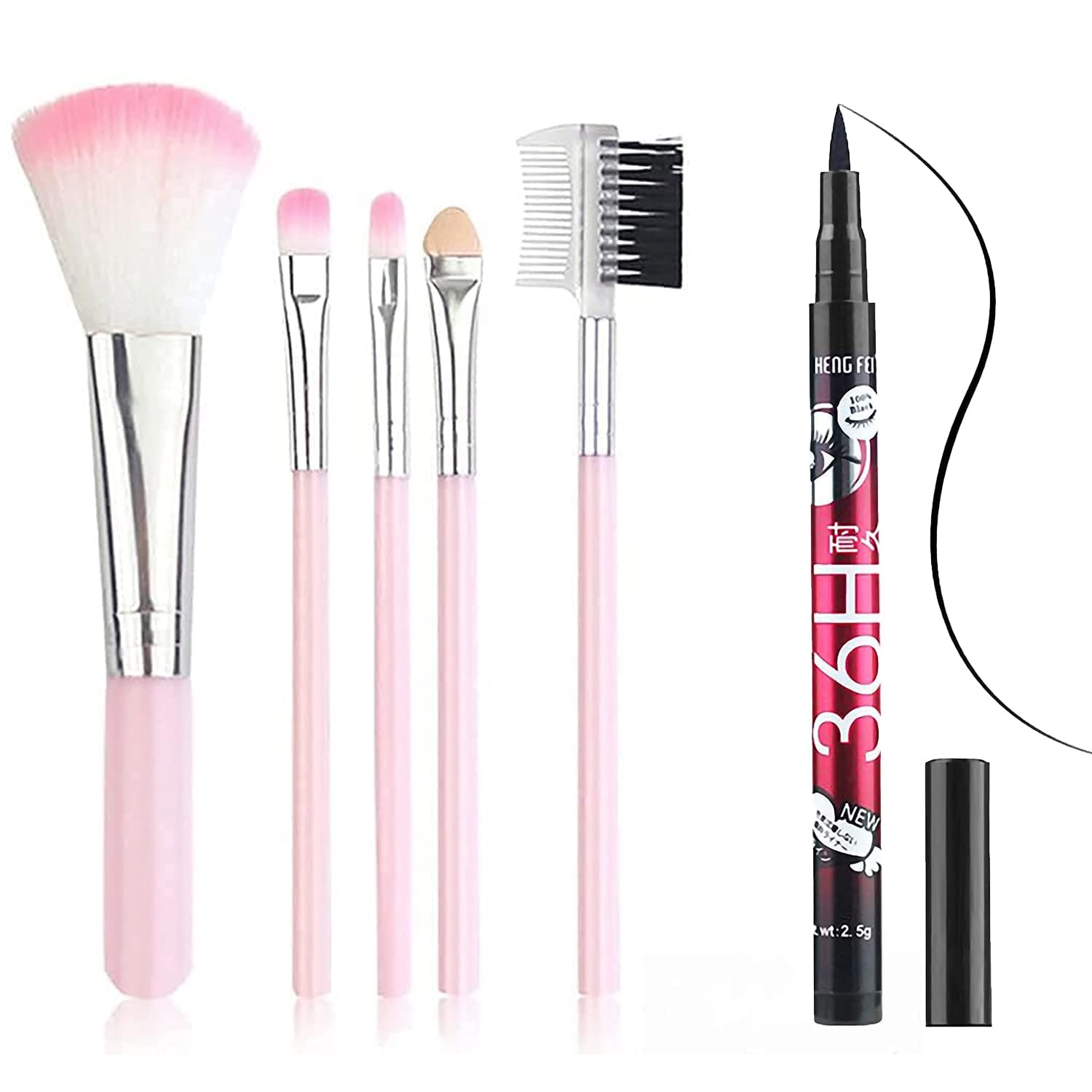 5-Piece Pink Makeup Brush Set with Soft Bristles for Women & Girls - Includes 36H Eyeliner (Pack of 6) - Perfect for Everyday Makeup, Contouring, and Professional Beauty Looks