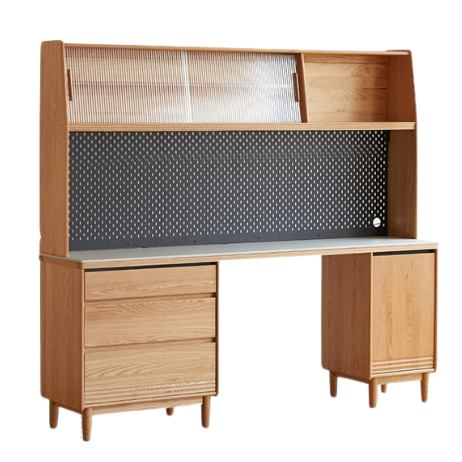 82.7x17.7x73.4 inch / 210.4x45x186.5 cm / Natural wood color / Oak white rock board sideboard + upper shelf