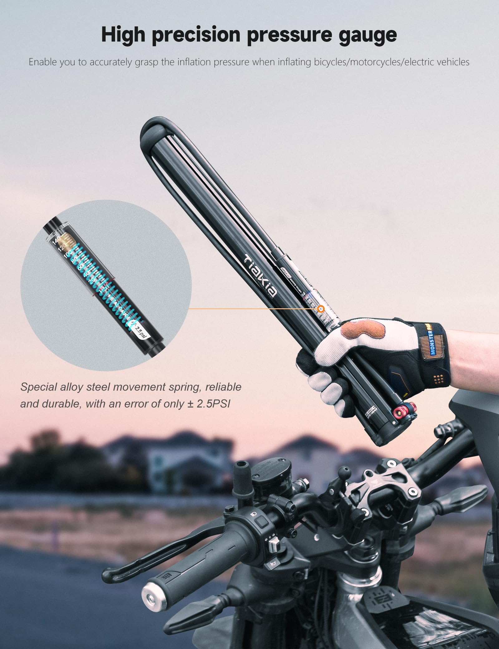 Tiakia High Pressure Bike Pump with Gauge - Portable Aluminum Bicycle Tire Pump for Presta & Schrader Valves - Ideal for Mountain Bikes, Road Bikes, Strollers and Sports Balls | Perfect for Home, Garage & Outdoor Cycling Adventures