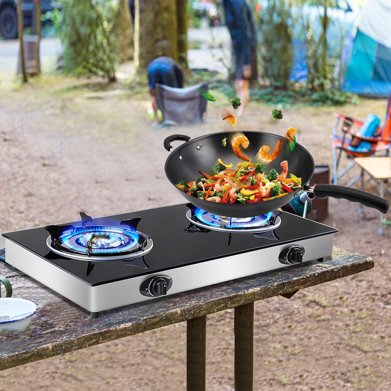 Portable 2-Burner Propane Gas Cooktop with Tempered Glass & Auto Ignition - LPG Camping Stove for RV, Apartments, Outdoor Cooking, Picnics & Backpacking