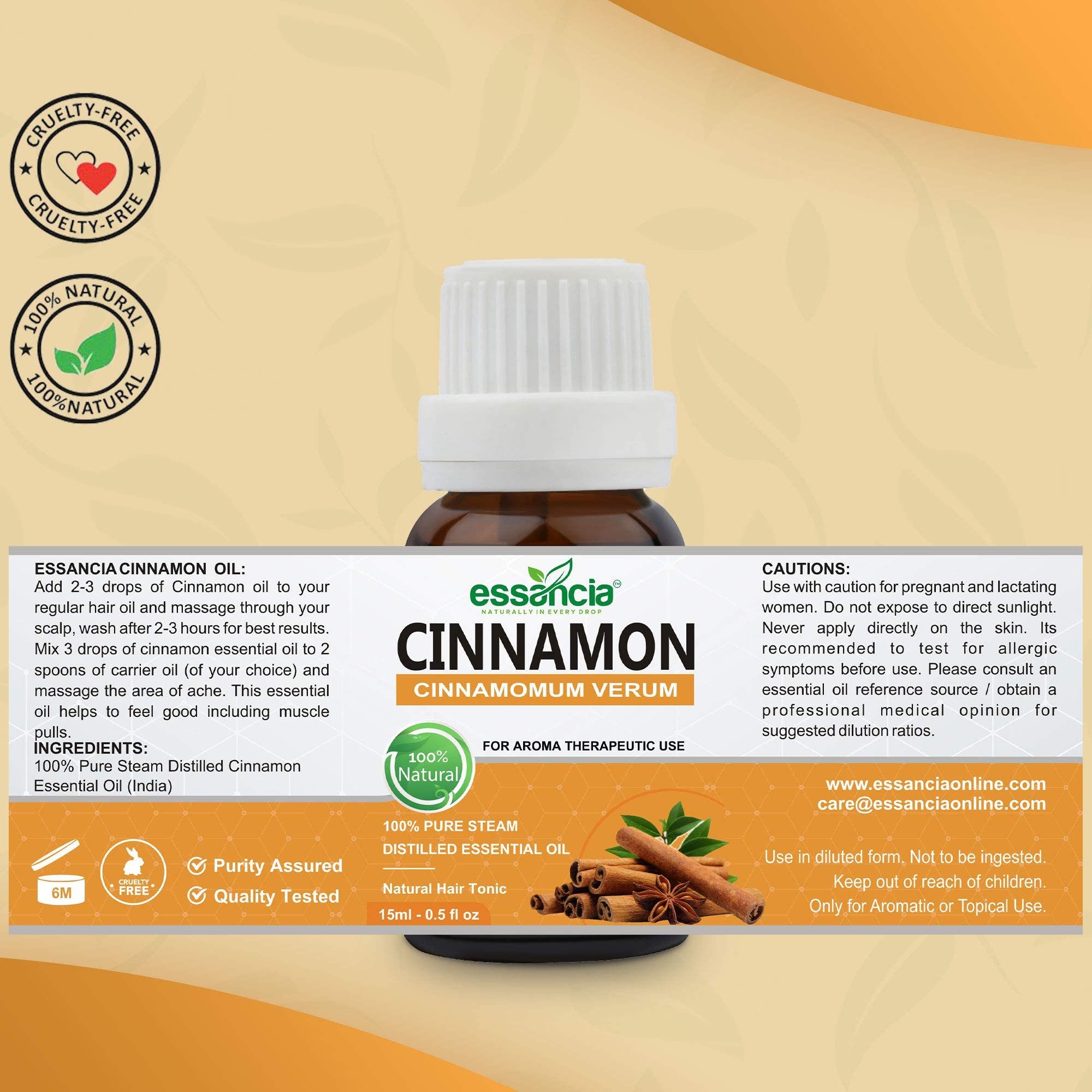 Essencia 100% Pure Cinnamon Essential Oil - 15ml Undiluted Therapeutic Grade for Hair Growth, Skin Care, Massage, Aromatherapy Diffuser | Natural Remedy for Relaxation & Wellness