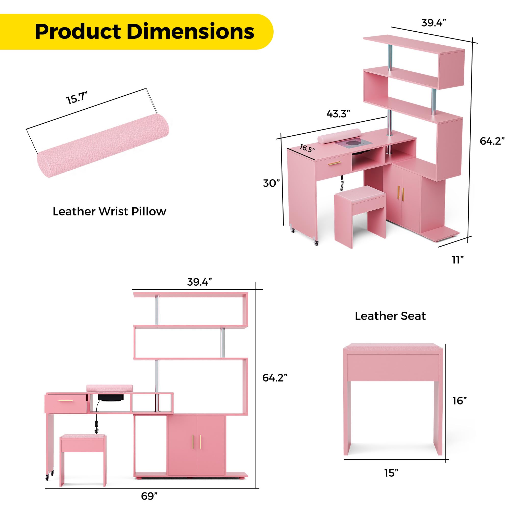 Professional L-Shaped Nail Tech Desk with Dust Collector - Manicure Table with Stool, 2-Way Drawers, Storage Cabinet & Shelves, Mobile Rotating Workstation for Salon & Home Use (Pink) - Perfect for Nail Artists, Beauty Technicians & DIY Enthusiasts
