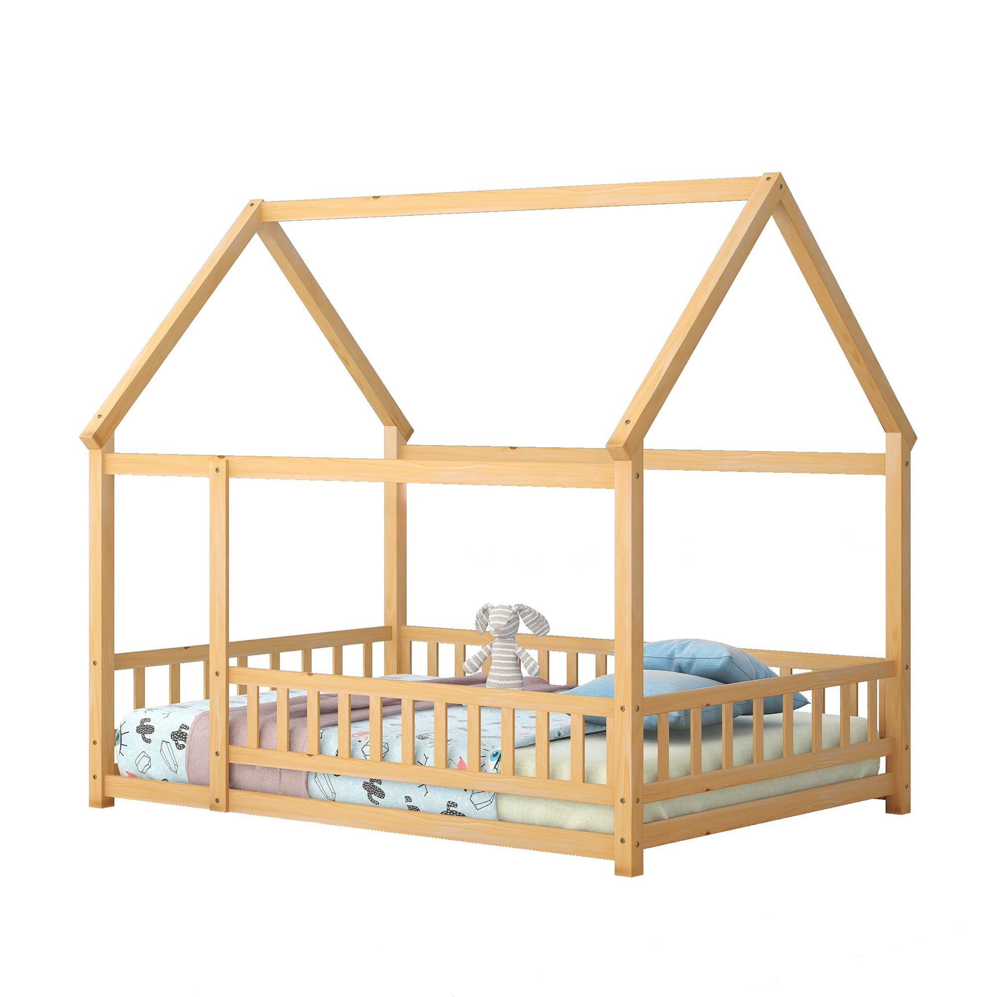 Bellemave Full Size House Bed for Kids - Solid Wood Montessori Floor Bed with Safety Fence & Playhouse Roof - Natural Wood Toddler Bed Frame for Girls & Boys - Perfect for Bedrooms, Playrooms & Montessori Learning Spaces