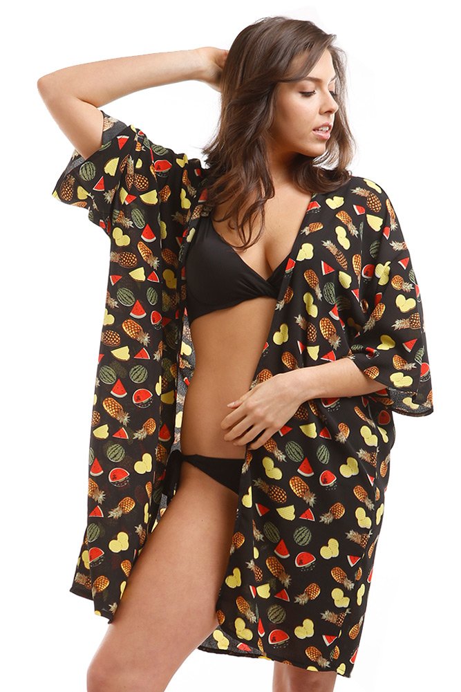 ScarvesMe Elegant Fruit Print Open Front Kimono Cardigan Cover Up - Lightweight Summer Beach Coverup, Boho Chic Loungewear for Women