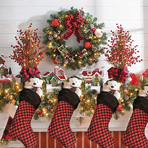 AISENO 3-Pack 20-Inch Black & Red Plaid Christmas Stockings with Faux Fur Trim - Holiday Decor, Candy Gift Bags for Fireplace Mantel, Tree Decorations & Festive Home Décor
