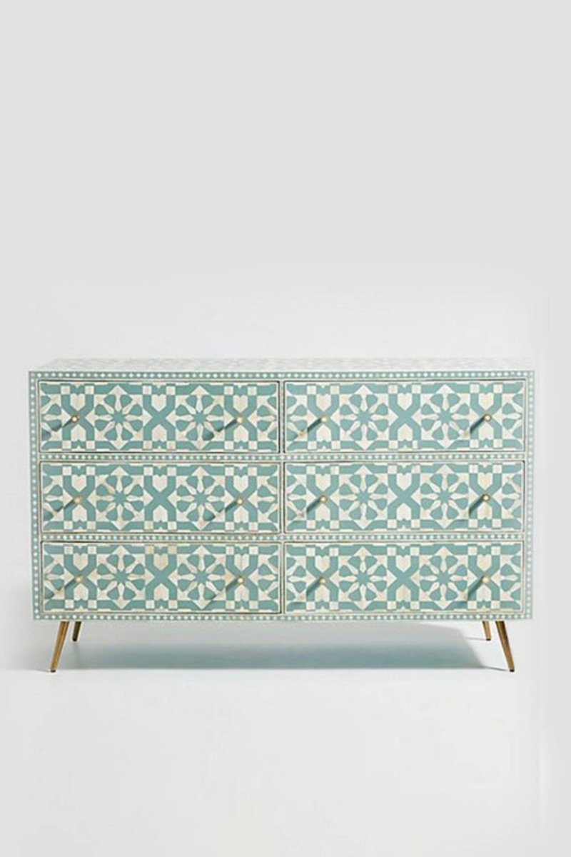 Handcrafted Moroccan Bone Inlay 6-Drawer Dresser - Green Vintage Bedroom Furniture | Custom Made Wooden Chest with Six Drawers for Master Bedroom, Guest Room & Boho Home Decor