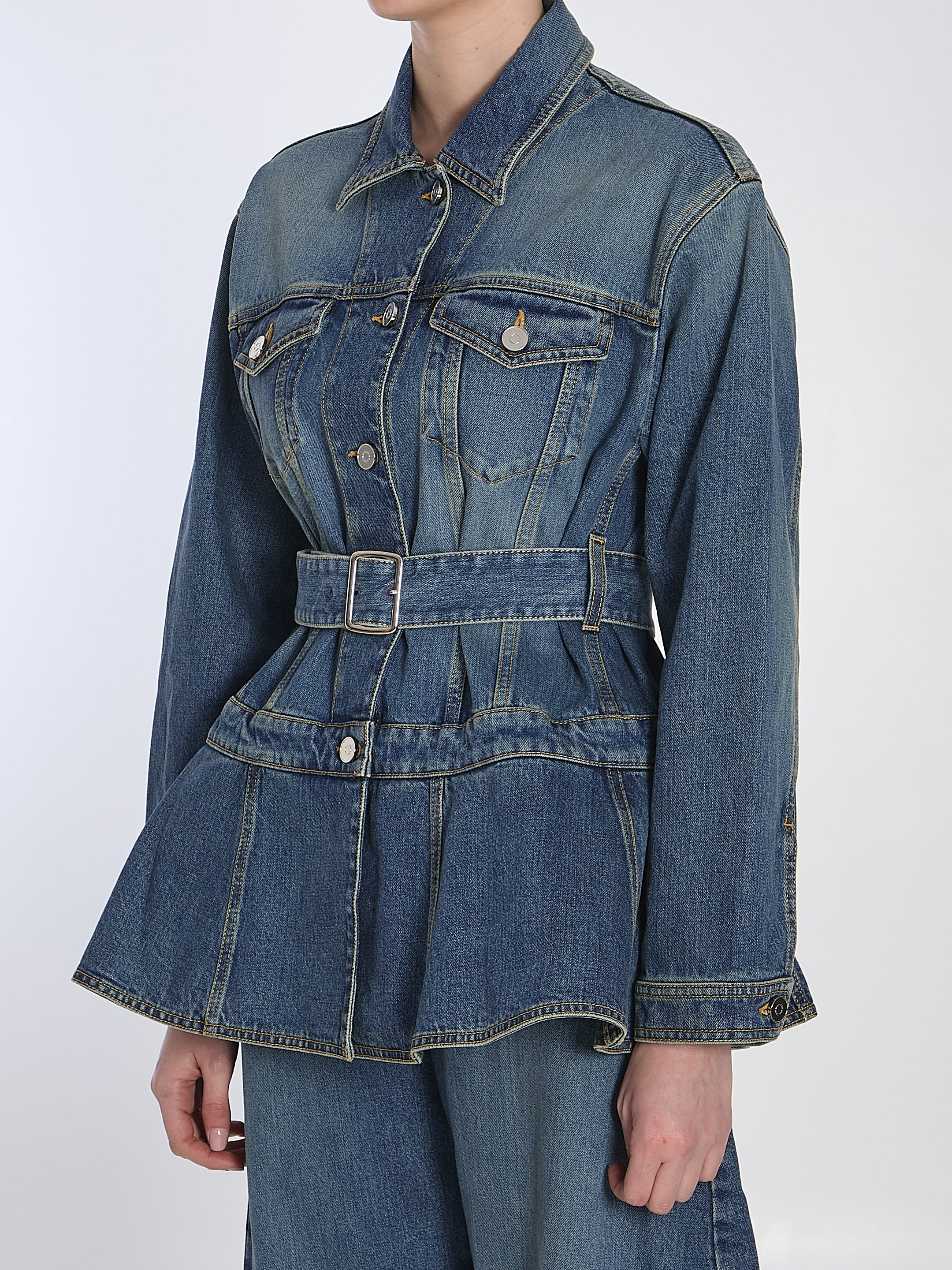 Alaia Women's Denim Jacket with Peplum Waist - Stylish Distressed Denim Jacket for Casual Outfits & Night Out