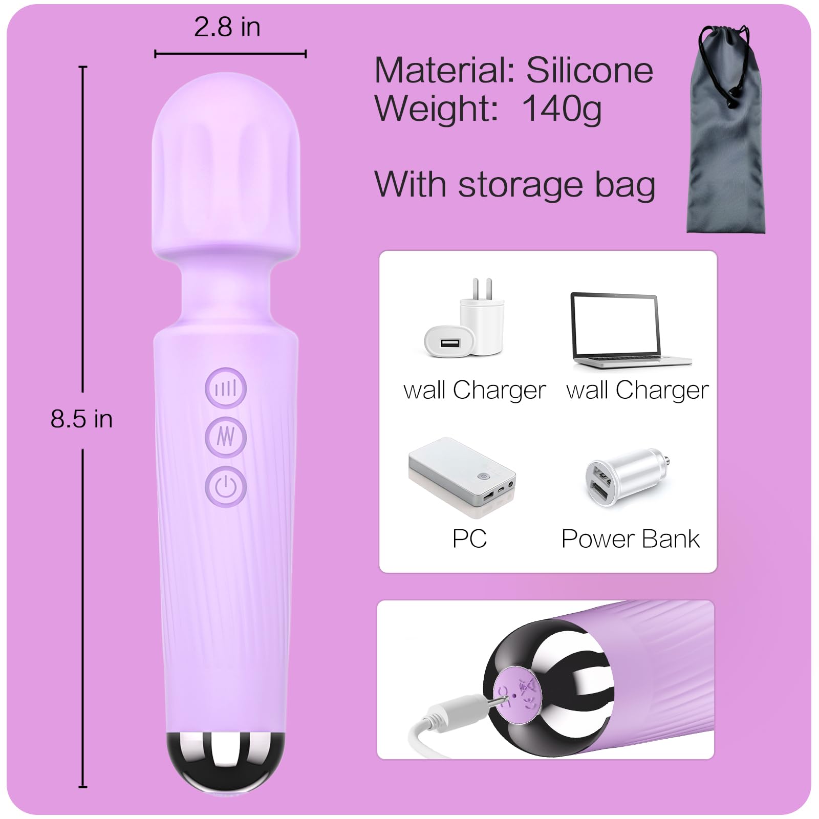 8-Speed 20-Pattern Rechargeable Vibrating Wand Massager for Women - Powerful Clitoral Stimulator & G-Spot Vibrator, Adult Sex Toy with Ergonomic Design - Perfect for Solo Play & Couples Intimacy (Violet)