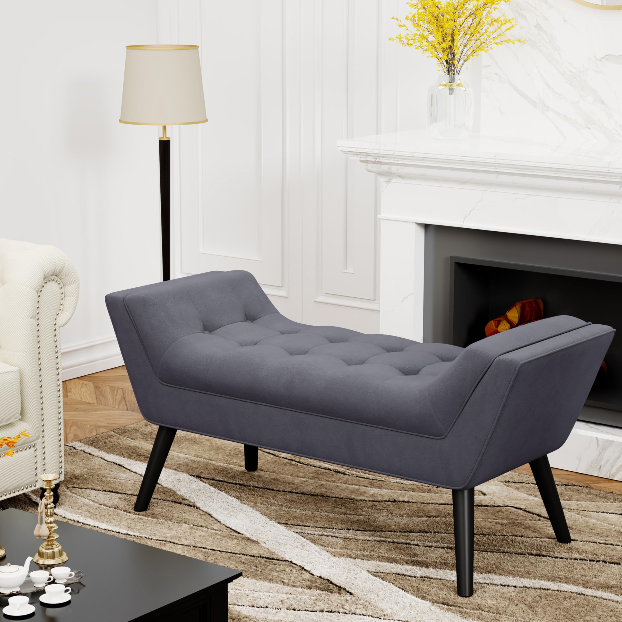 Alunaune Velvet Tufted Ottoman Bed Bench - Dark Gray Upholstered Storage Footstool with Wood Legs, 2-Seater for Bedroom, Entryway & Living Room | Perfect End of Bed Bench, Hallway Seating & Cozy Footrest
