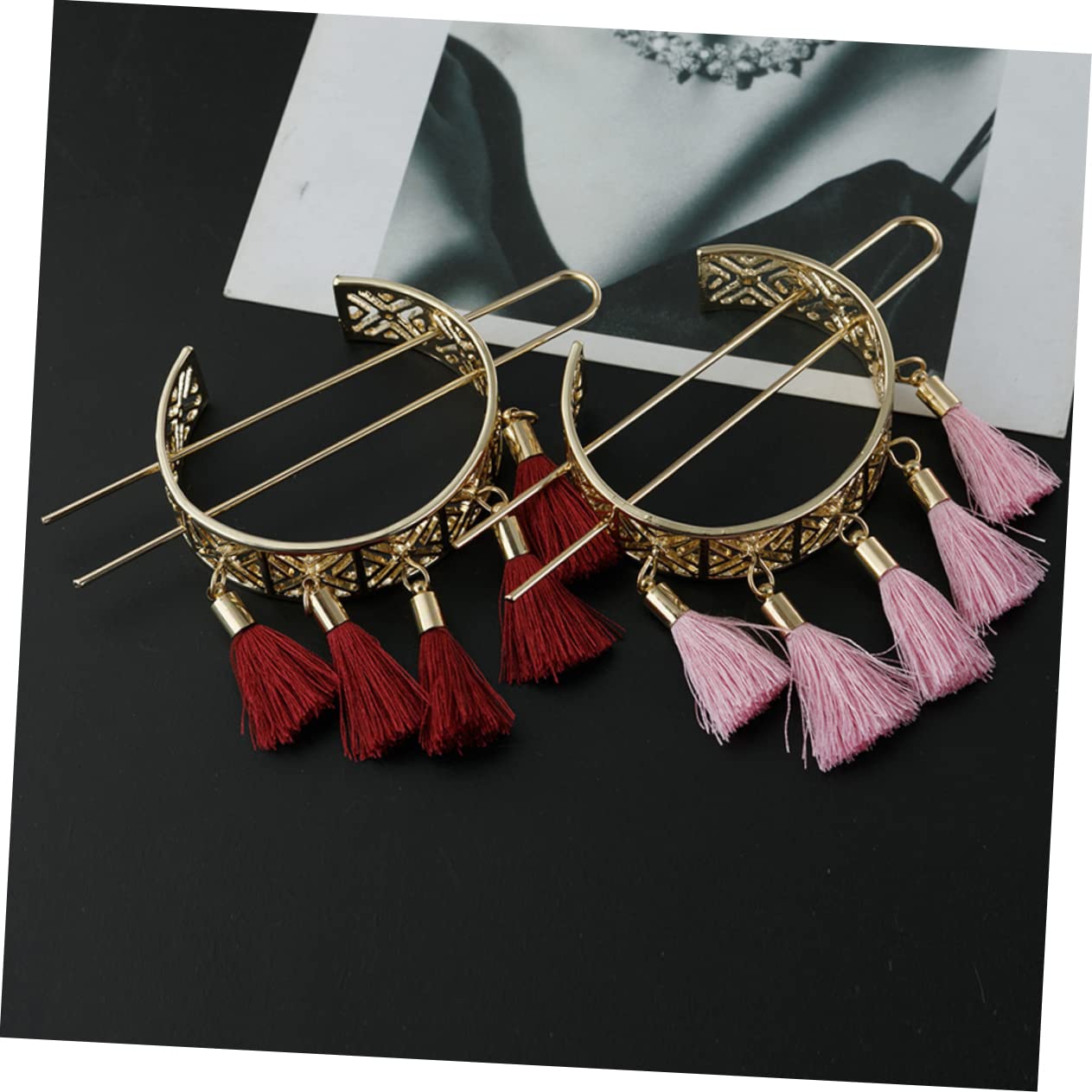 Vintage Geometric Lace Hair Bun Holders - Pair of Lightweight Hair Cuff Buns with Tassels for Women | Wedding, Prom, Cosplay & Vintage Style Hair Accessories