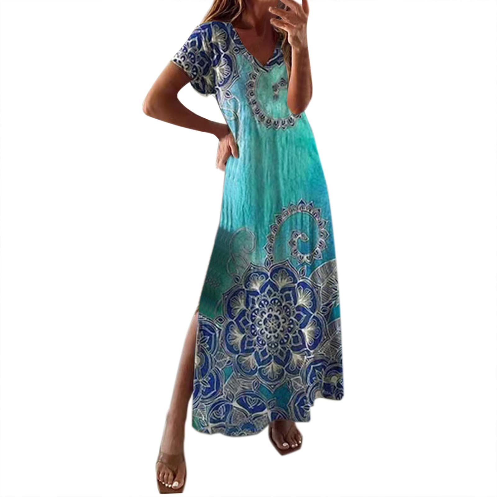 Women's Floral Print Casual Summer Dress - Loose Fit, Short Sleeves with Side Slit - Perfect for Beach, Vacation & Everyday Wear