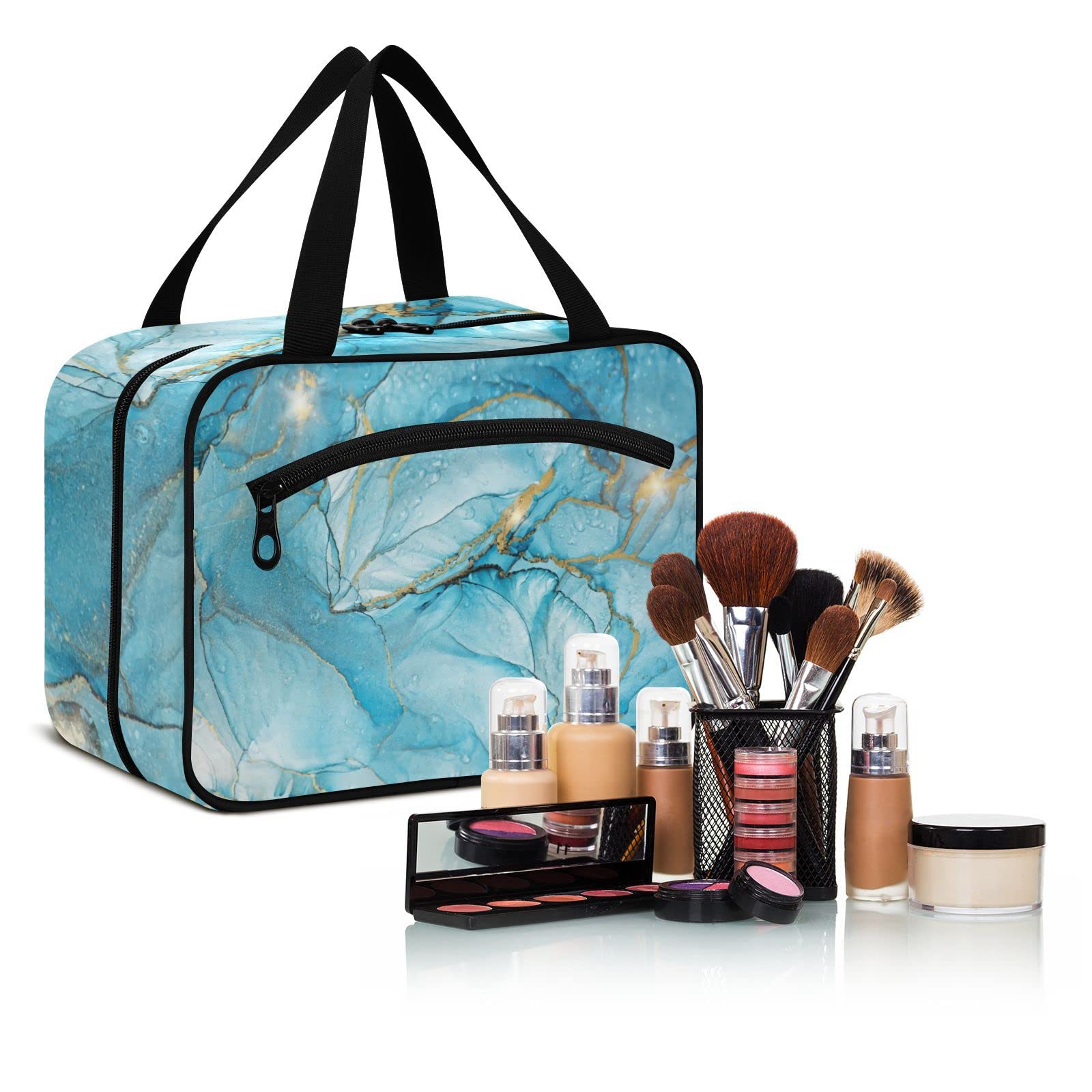 Floral Marble Travel Toiletry Bag for Women - Large Hanging Cosmetic Organizer with Hook - Perfect for Makeup, Skincare & Bathroom Storage | Ideal for Vacation, Gym & Business Trips