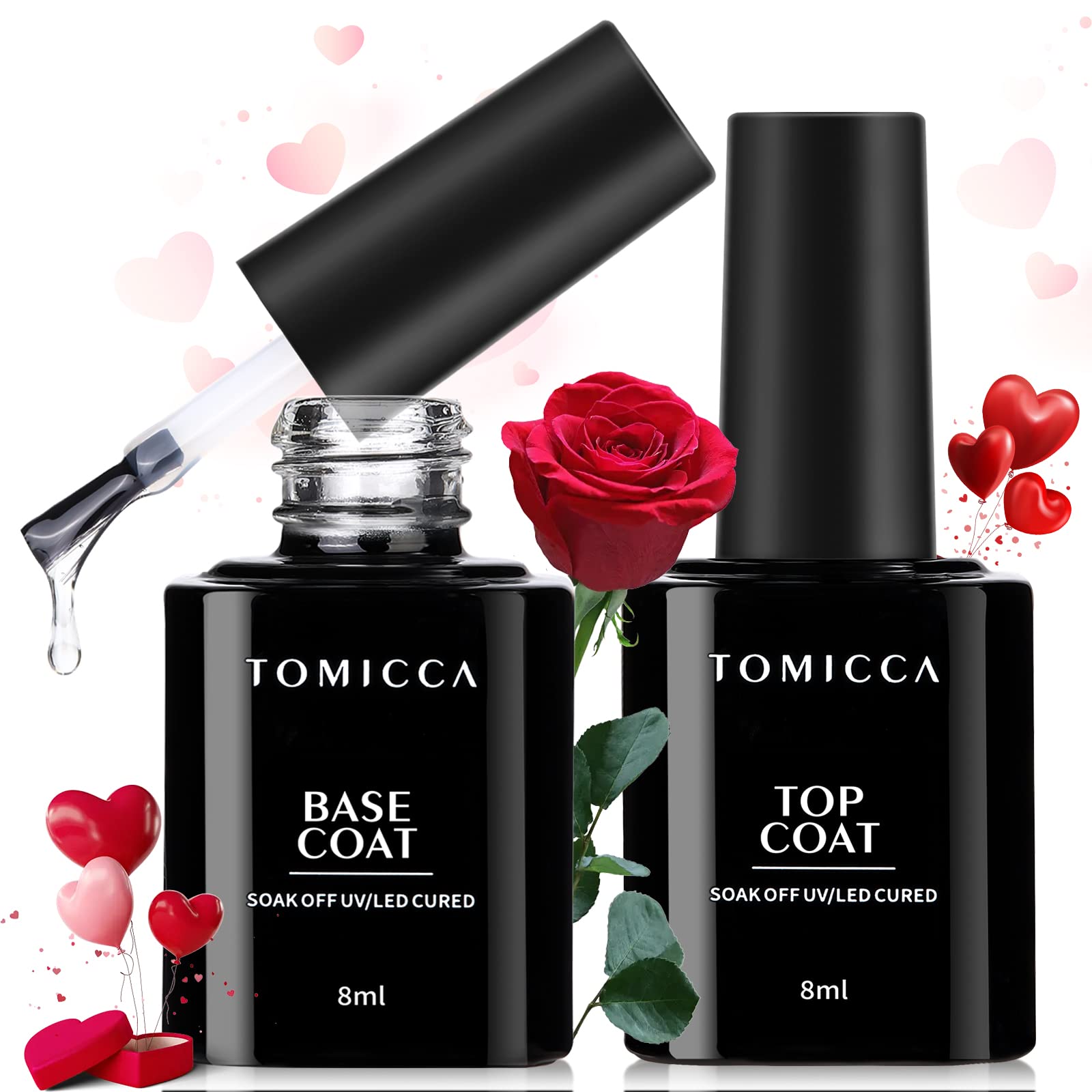 TOMICCA 2Pcs No Wipe Gel Nail Polish Set - Base Coat & Top Coat for UV LED Manicure, Long Lasting Shiny Nail Varnish, Soak Off Nail Art Polish Kit | Perfect for Salon, Home DIY Nail Care & Professional Manicures