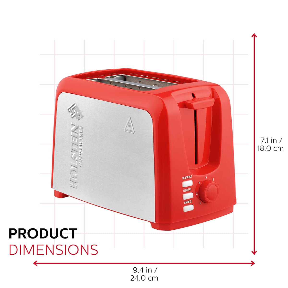 Holstein Housewares 2-Slice Toaster with 7 Browning Settings, Red Stainless Steel - Perfect for Toast, Bagels, Waffles - Ideal for Breakfast, Kitchen, Dorm & Office Use