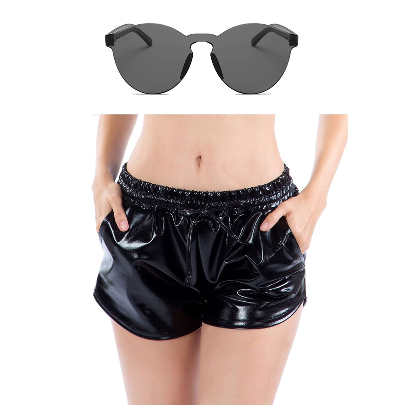 Sparkly Metallic Hot Dance Shorts for Women - Shiny Rave Short Pants with Matching Sunglasses | Perfect for Music Festivals, Nightclubs & Dance Parties