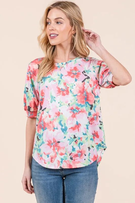 BOMBOM Women's Floral Print Round Neck Puff Sleeve Blouse - Casual Summer Tops for Date Night & Office Wear