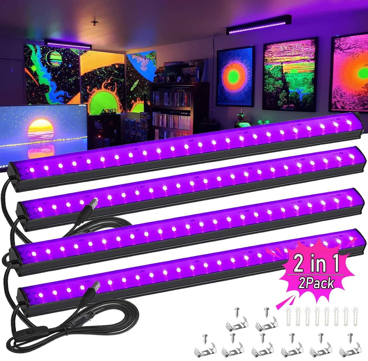 4 Pack 15W USB LED Black Light Bars - Magnetic Blacklight Strip for Glow Party, Fluorescent Body Paint & Posters - Portable UV Light for Tapestry, Christmas Decor & Cabinet Lighting (Perfect for Parties, Home Decor & DIY Projects)