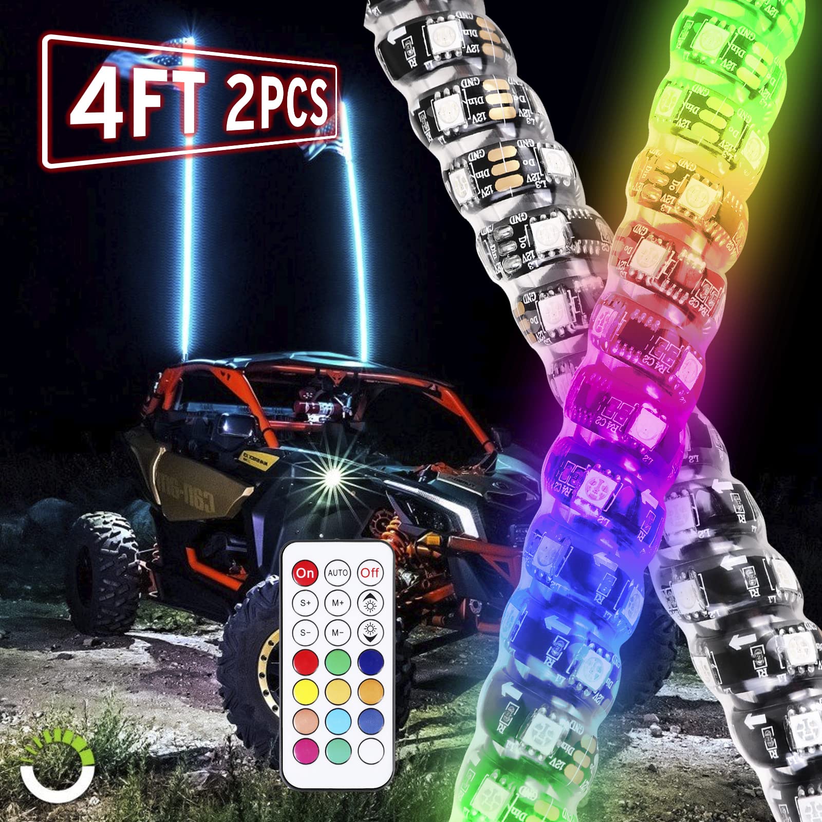 YCHOW-TECH 2PCS 4FT RGB LED Whip Lights for UTV/ATV/Dune Buggy - Remote Control with 600+ Color Modes, Chasing & Dancing Effects - Perfect for Off-Road Adventures, Night Riding & Party Lighting