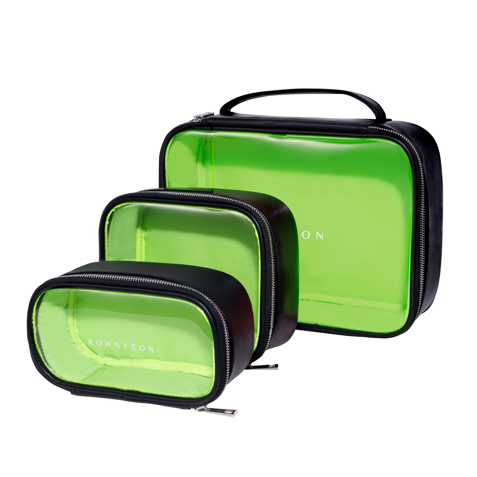 ROWNYEON 3-Piece Waterproof Clear Makeup Travel Case Set - Transparent Toiletry Bag for Women & Girls, Zippered Cosmetic Organizer with Handle (Black) - Perfect for Airplane Carry-On, Gym, Vacation & Daily Use