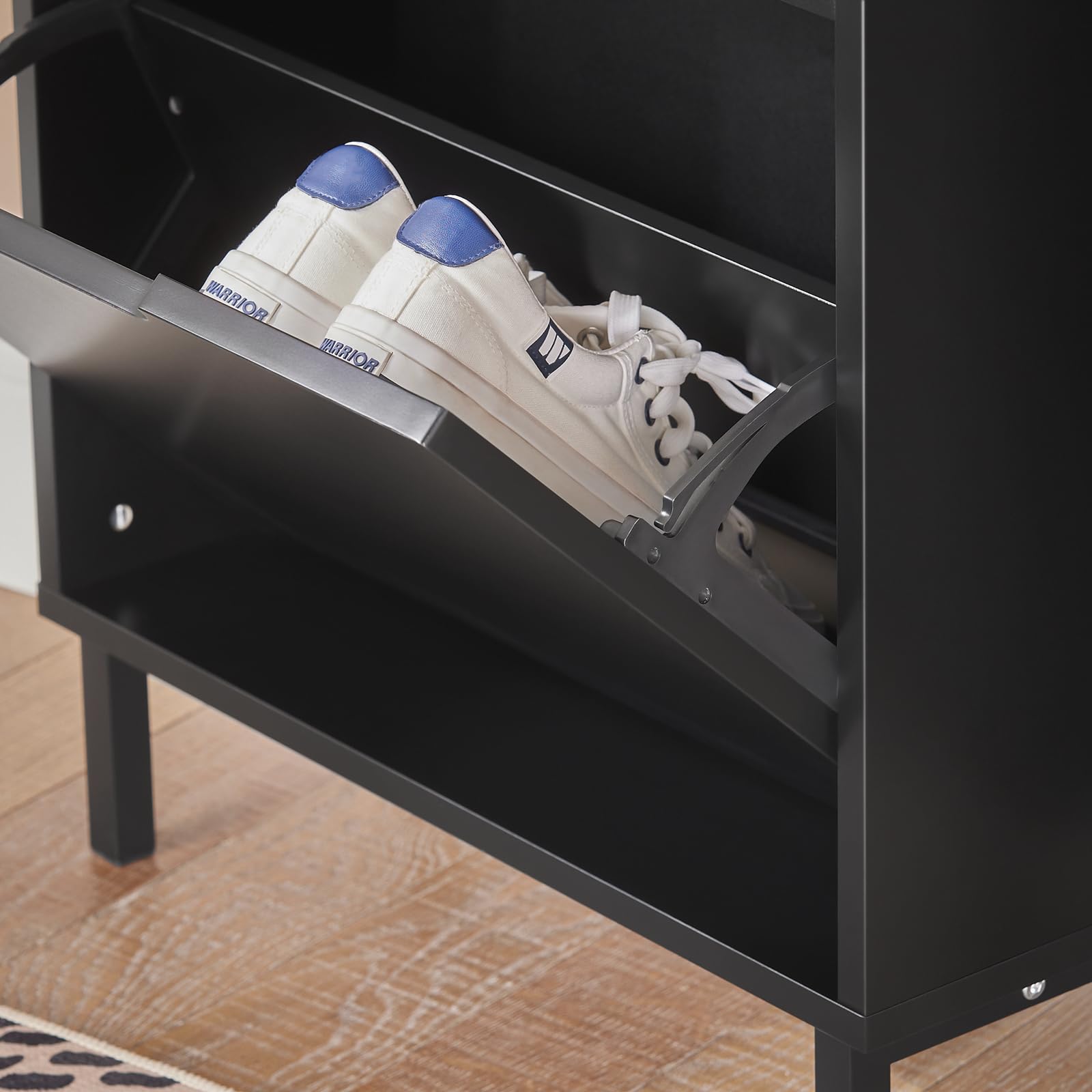 Haotian Black Shoe Cabinet with 2 Flip-Drawers - Narrow Freestanding Shoe Rack & Slim Shoe Organizer for Entryway, Hallway or Closet - Hidden Storage Cupboard (Model FSR151-SCH) - Perfect for Small Spaces & Apartment Living