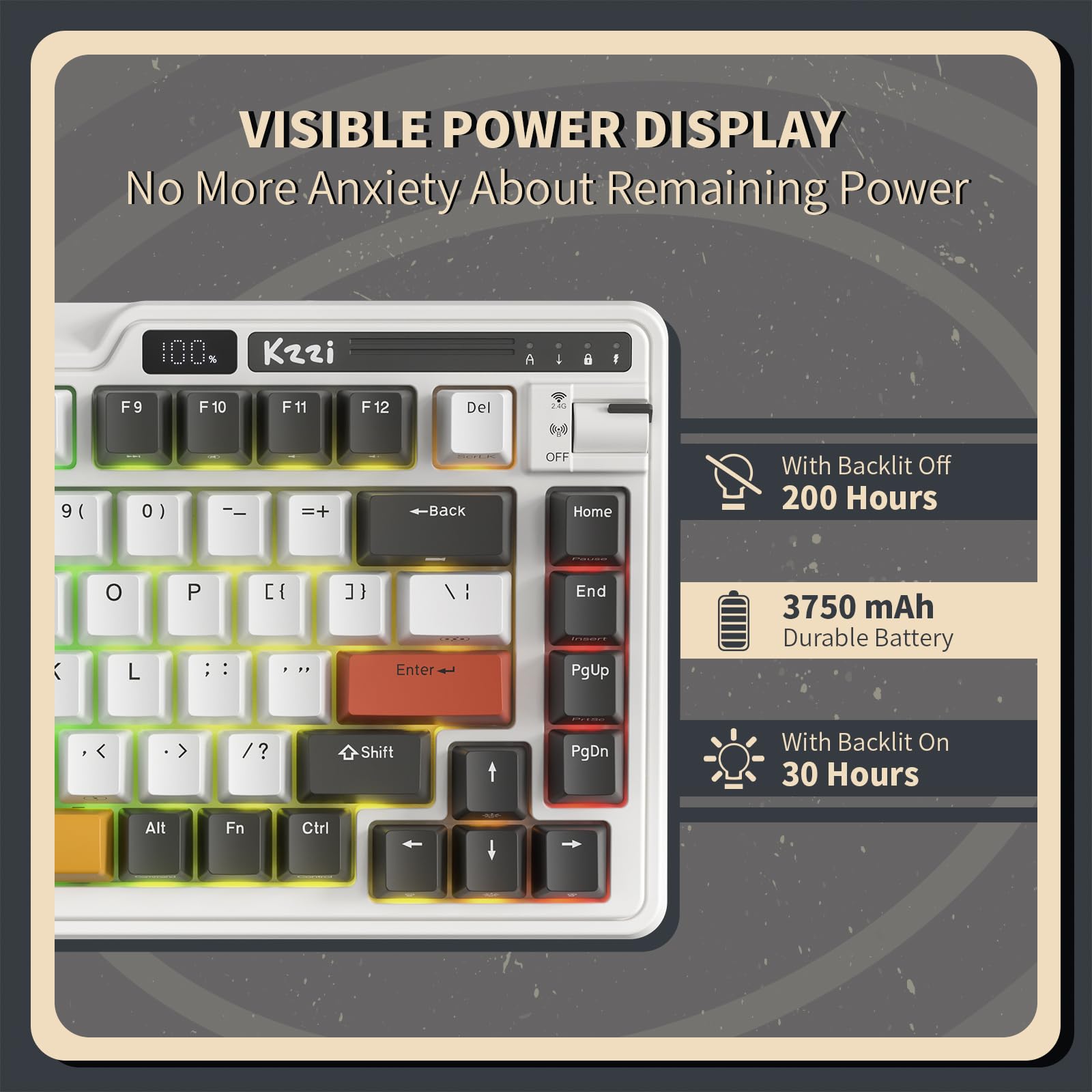 K75 PRO RGB 75% Wireless Mechanical Gaming Keyboard - Bluetooth 5.0/2.4G/USB-C Triple Mode, Hot-Swappable 82 Keys with Knob & Power Display, Custom Tactile Switches (Black/White) - Perfect for Esports, Office Work & Typing Enthusiasts