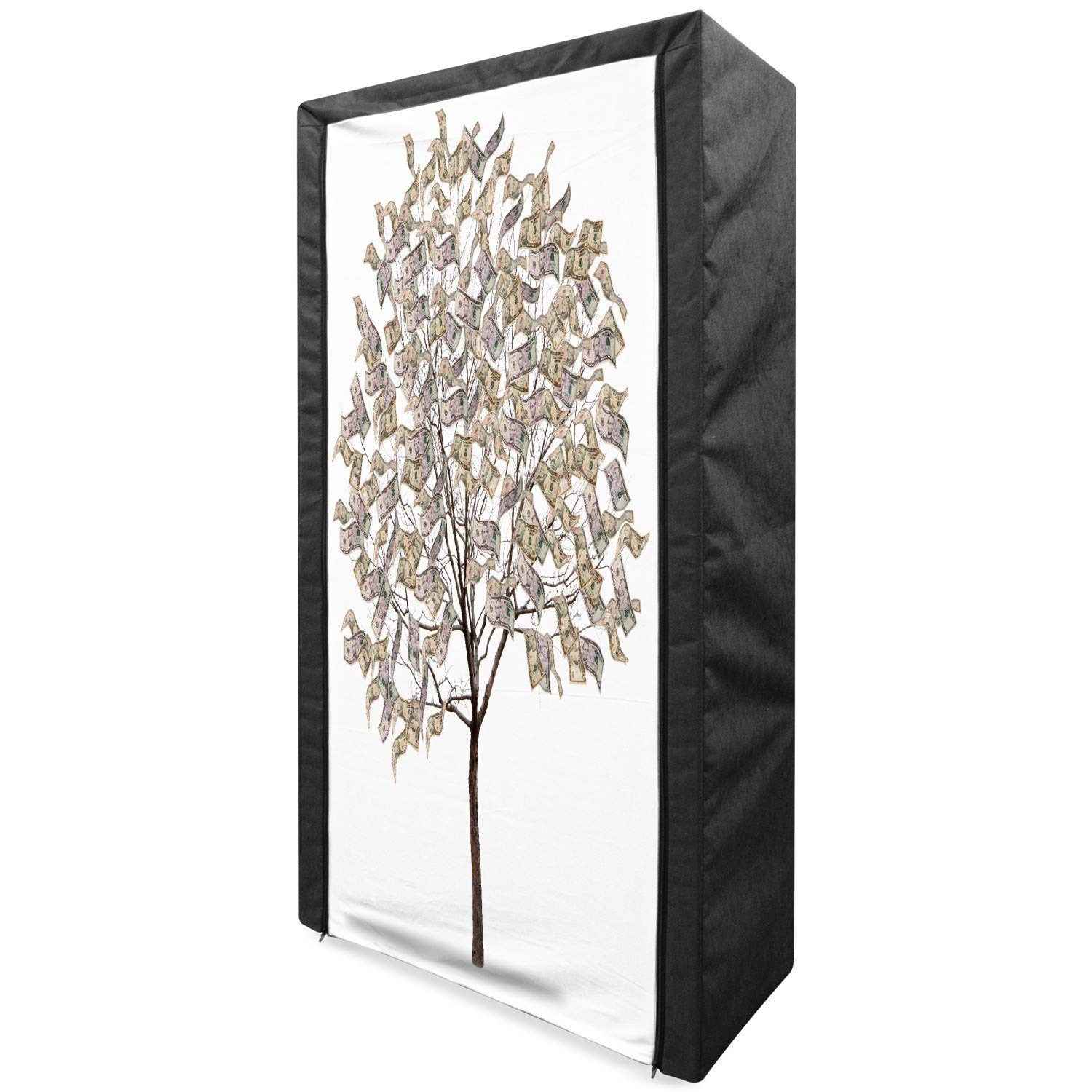 Ambesonne Abstract Portable Fabric Wardrobe - Digital Surreal Money Tree Design with Shelves, 33.5 Inch Multicolor Clothing Organizer for Bedroom, Closet Storage & Travel Use