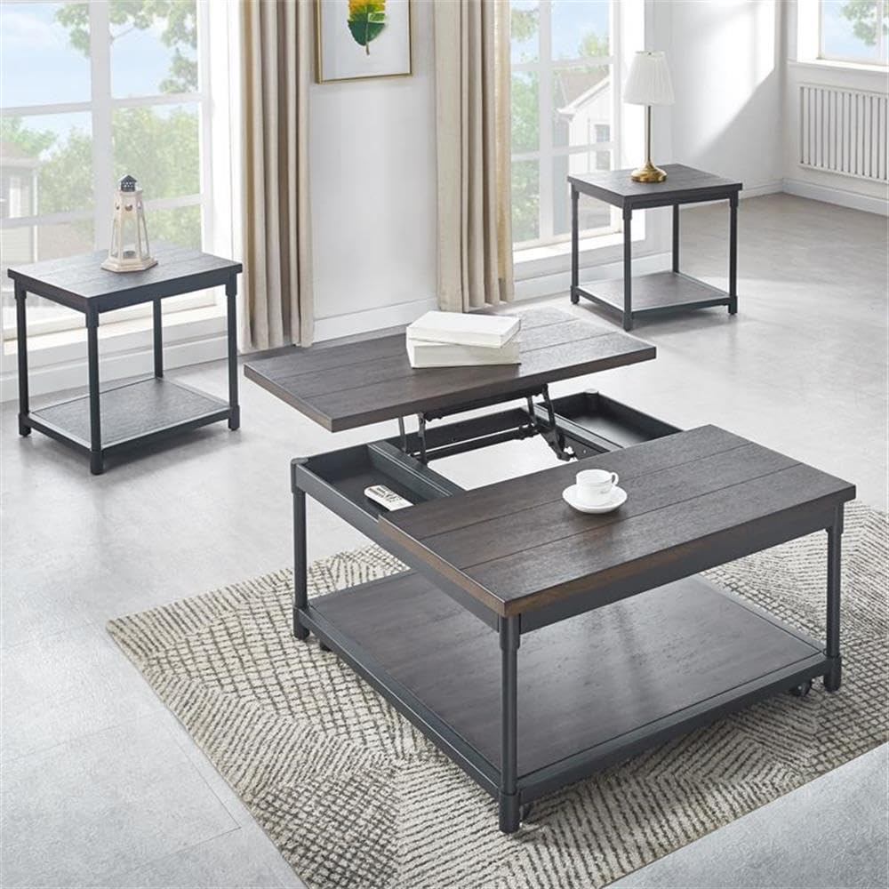 Bowery Hill Modern Smokey Oak & Black Metal End Table - Stylish Nightstand for Living Room, Bedroom, or Office