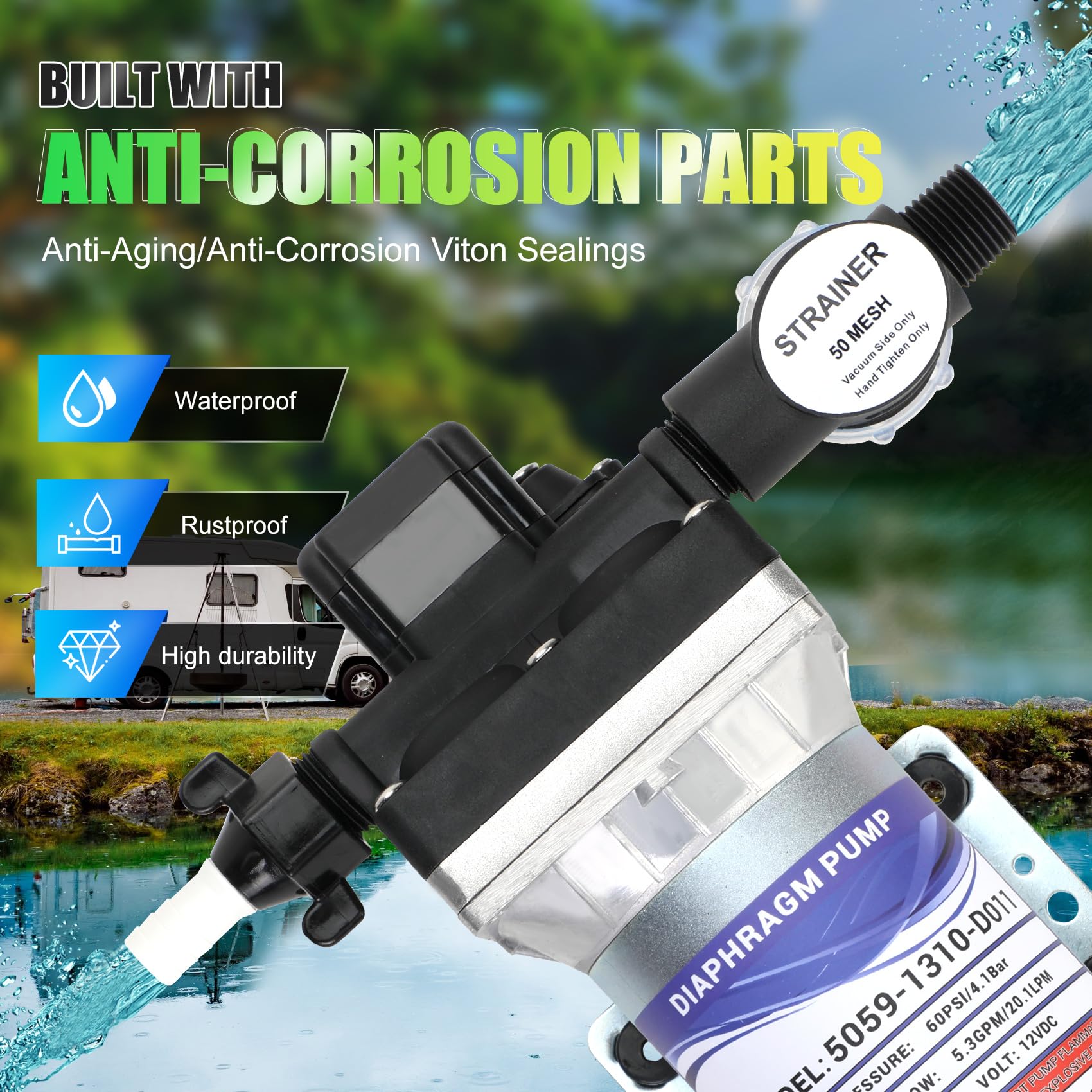 5.3 GPM Automatic Demand 12VDC Diaphragm Pump with 60 PSI Pressure Switch - Viton Valves, Self-Priming, 1/2