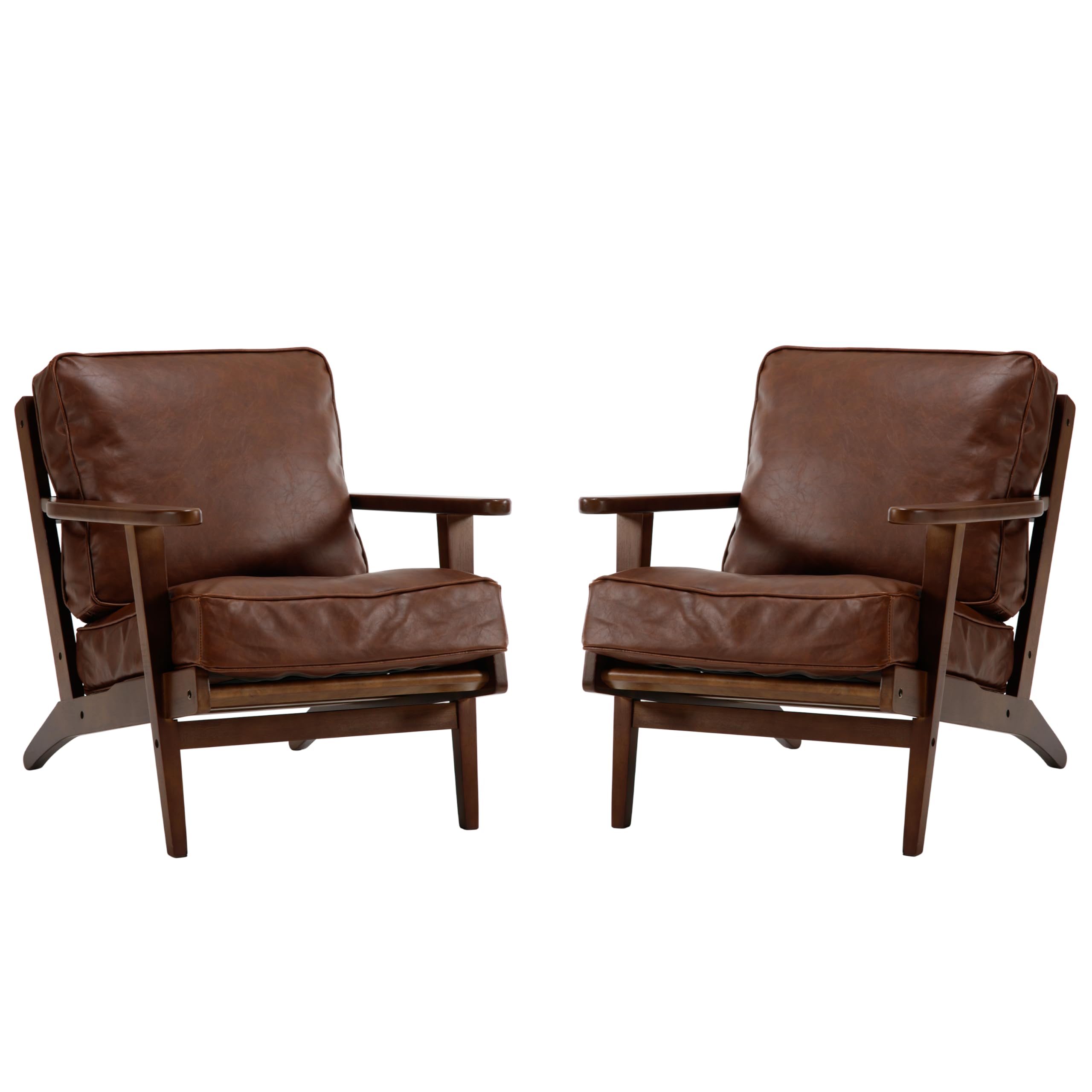 Mid-Century Modern Accent Chairs Set of 2 - Genuine Leather Upholstered Living Room Chairs with Solid Wood Frame - Comfortable Armchairs for Bedroom, Reading Nook & Lounge - PU Brown Leather - Perfect for Relaxing, Entertaining & Home Decor