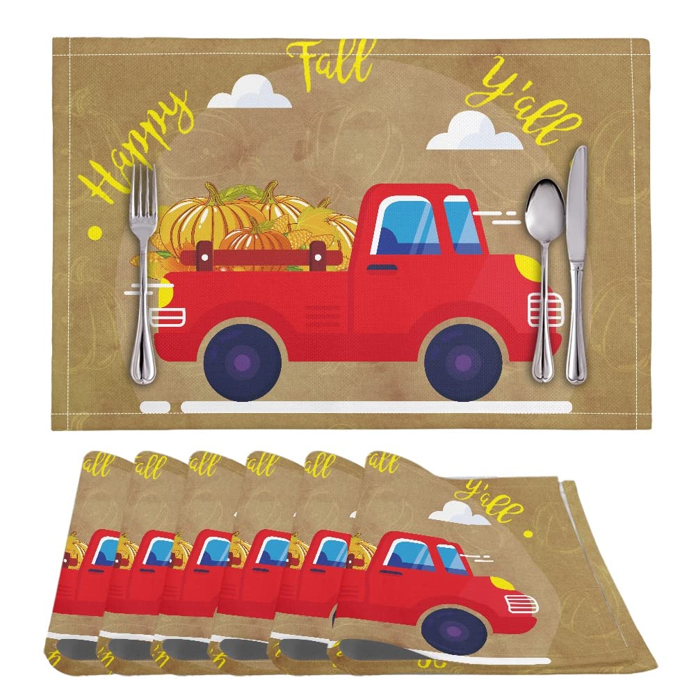 Halloween Placemats Set of 6 - 12x18 Inch Fall-Themed Burlap Dining Table Mats with Farm Truck & 'Happy Fall Y'all' Design - Perfect for Autumn Decor, Thanksgiving Dinner & Seasonal Home Decorating