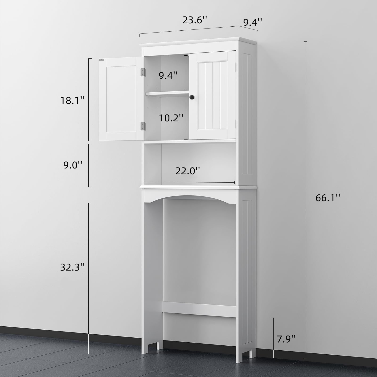 Bealife Over The Toilet Storage Cabinet with Adjustable Open Shelf & Double Doors - White | Bathroom Organizer for Towels, Toiletries & Cleaning Supplies | Space-Saving Freestanding Design for Small Bathrooms