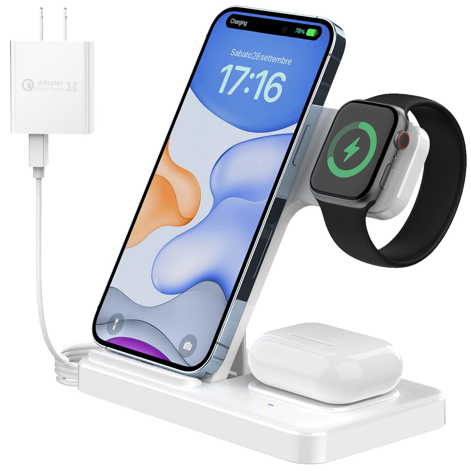 3-in-1 Wireless Charging Station - 18W Fast Charger Stand for Apple Watch Series SE/8/7/6/5/4/3, AirPods Pro/3/2 & iPhone 15/14/13/12/11/Pro Max/XR (Includes QC3.0 Adapter) - Perfect for Bedside, Office & Travel Charging