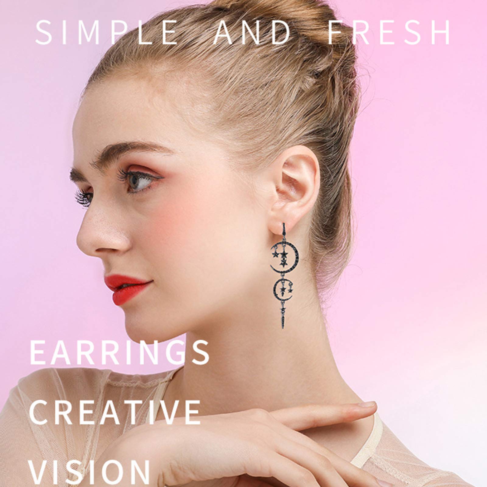 Moon and Star Drop Earrings for Women - Exaggerated Fashion Long Dangle Stud Earrings in Black | Perfect for Parties, Date Nights & Boho Style Outfits