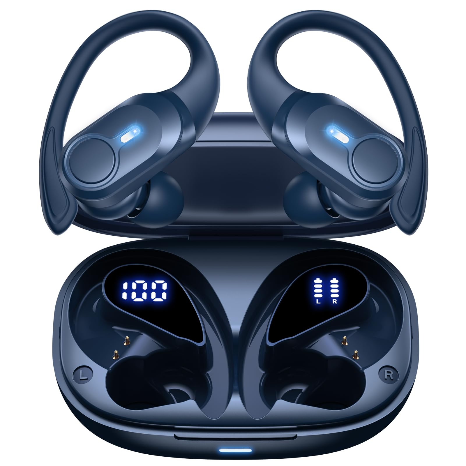 Wireless Bluetooth Earbuds with 70H Playback, Digital Display & Wireless Charging Case - Deep Bass, IPX7 Waterproof, Secure Fit for Running, Workouts & Sports (Blue) | Perfect for Gym, Commuting & Outdoor Activities
