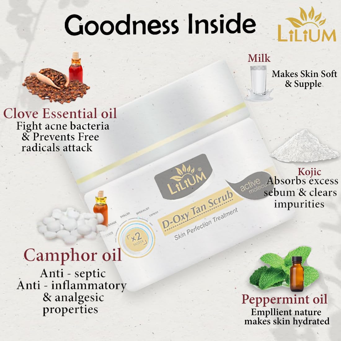 Lilium D Oxy Tan Scrub 40g – Exfoliating Face & Body Scrub for Tan Removal, Brightens Skin & Reduces Acne Marks – Kojic Acid & Milk Formula to Repair UV Damage – Paraben, Peroxide & Sulfate Free – 100% Vegan & Dermatologist Tested – For Men & Women – Perfect for Post-Sun Care & Daily Skin Brightening Routine