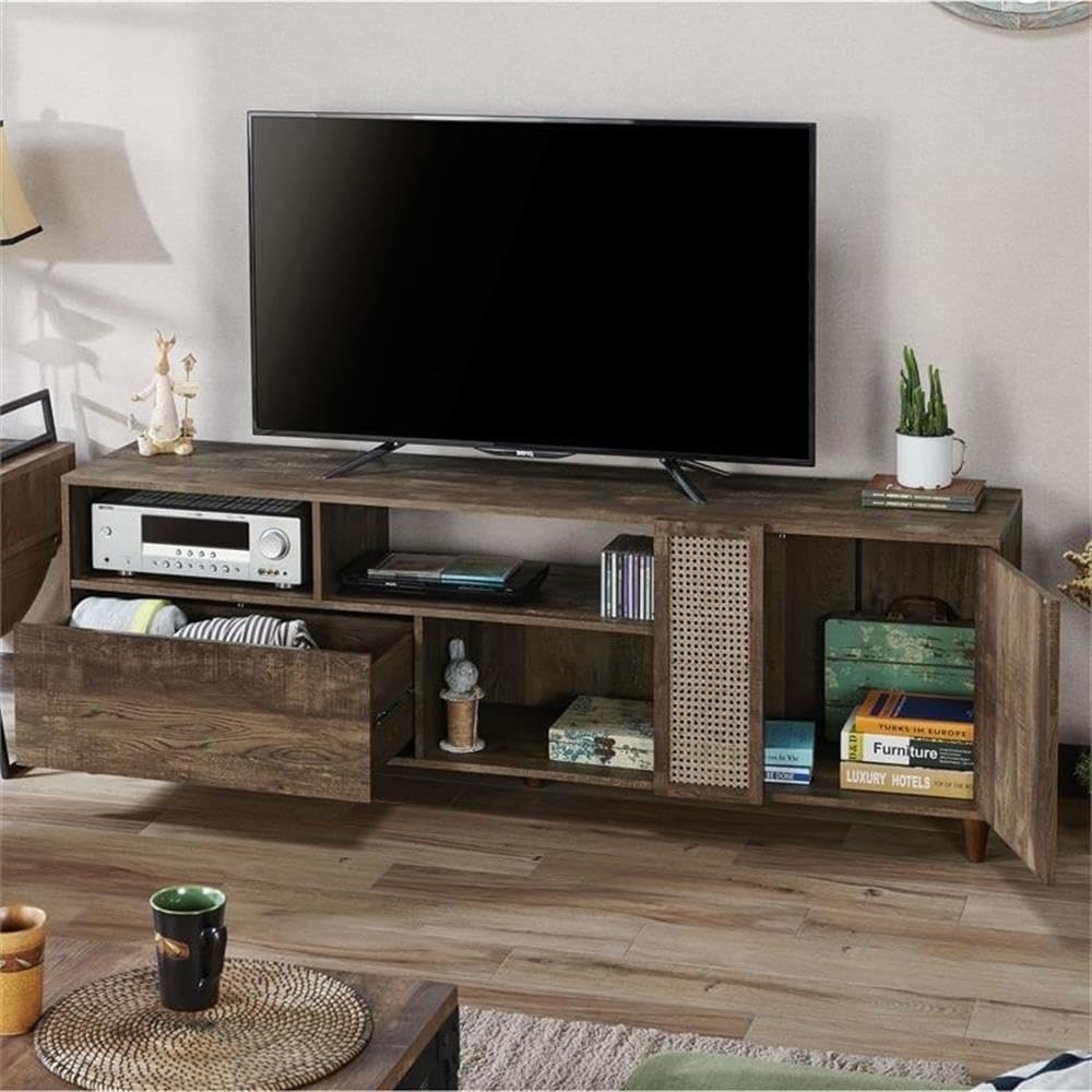 Menster 2-Piece Solid Oak Wood Coffee Table with Storage & 70-Inch Entertainment Center TV Stand Set - Perfect for Living Room, Home Theater & Modern Home Decor