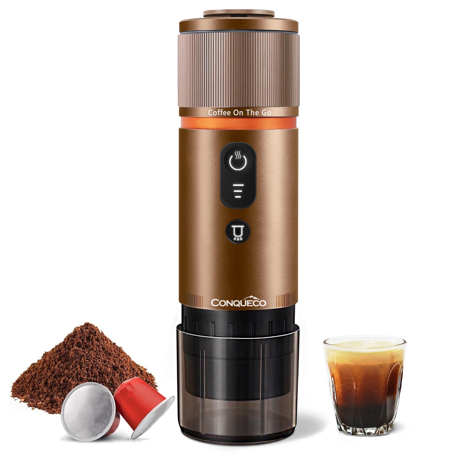 CONQUECO 12V Portable Electric Espresso Coffee Maker - Self Heating Travel Espresso Machine with 8 Cup Capacity, Battery Powered & Nespresso Capsule Compatible - Perfect for Camping, RV, Hiking, Office & Outdoor Adventures (Brown)
