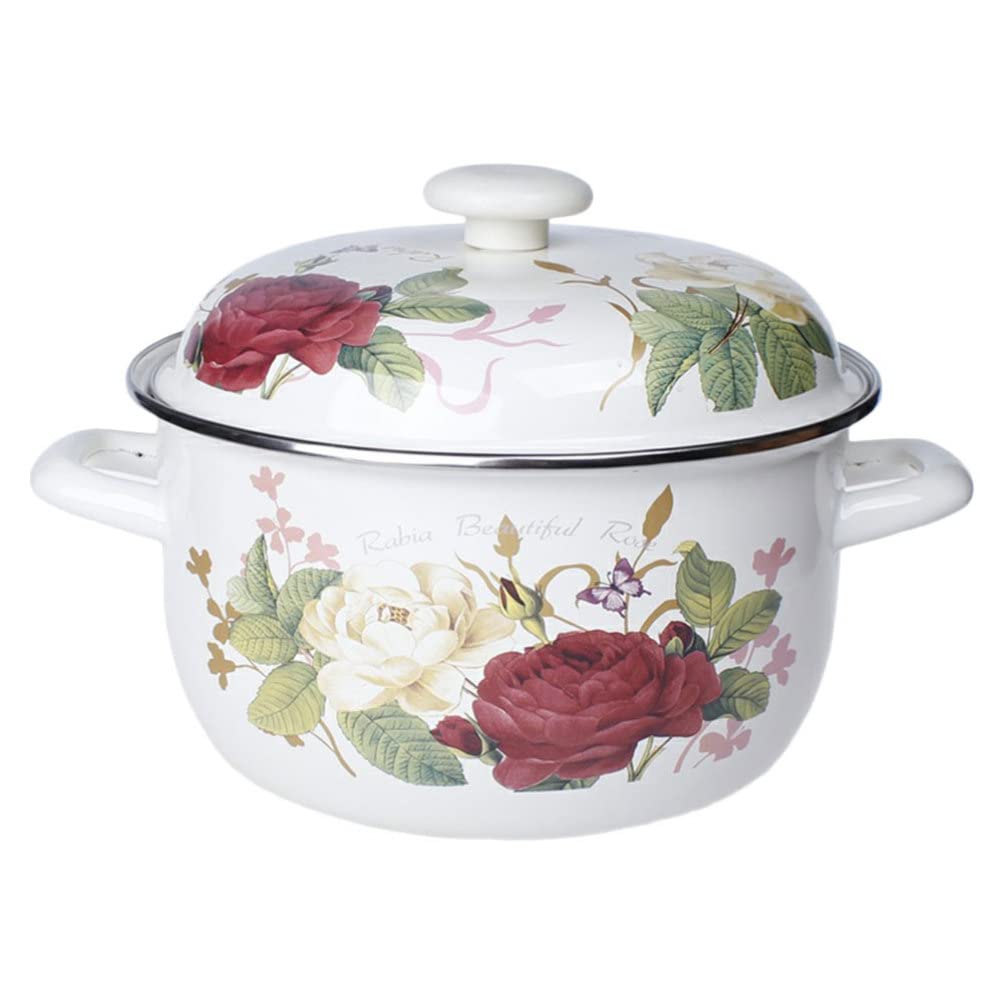 Milisten 18cm Enamel Soup Pot - Vintage Floral Printed Stockpot for Cooking, Stewing & Pasta Sauce - Durable Handle for Gas Stove - Perfect for Soups, Milk Heating & Family Meals