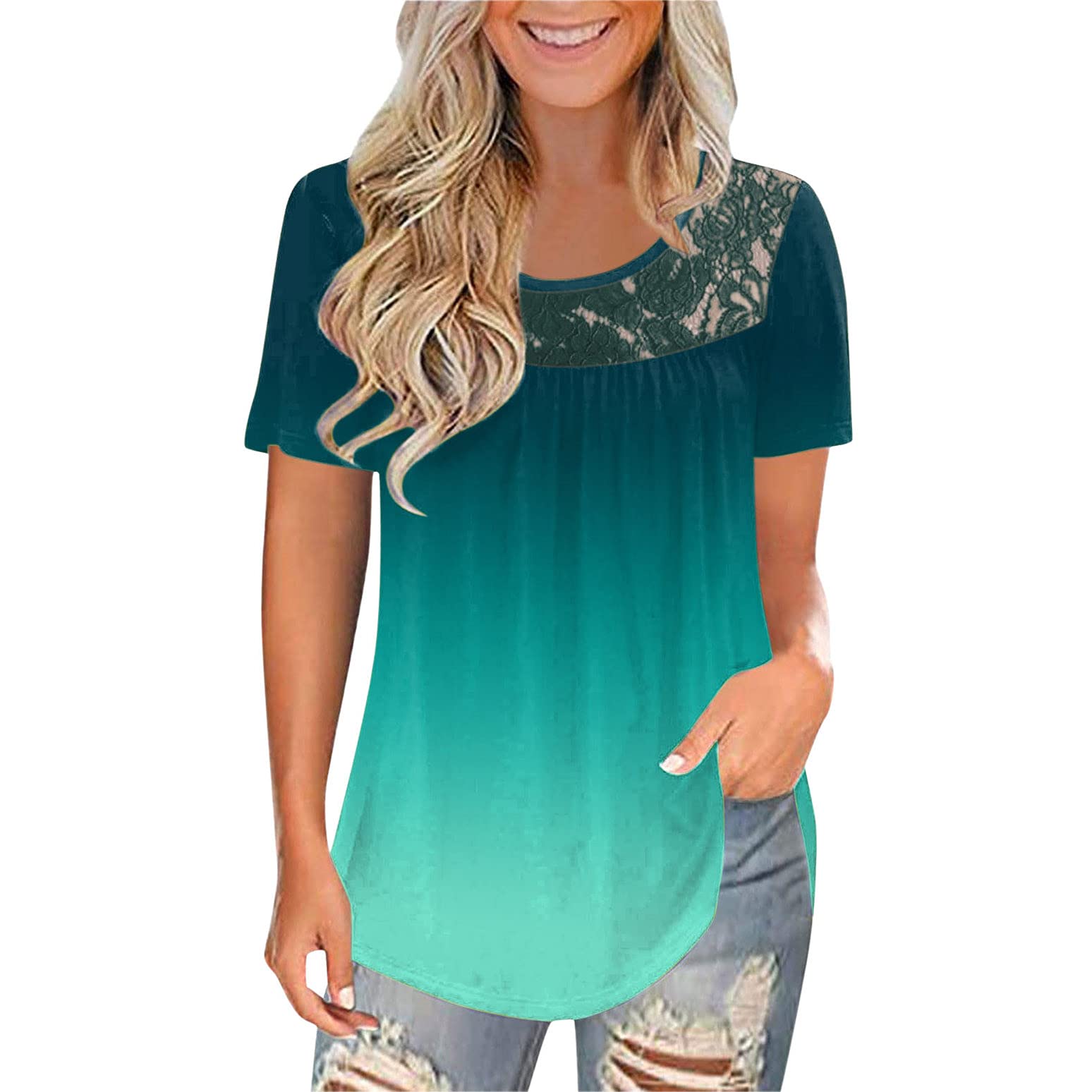 ONHUON Women's Summer Tops - Round Neck Short Sleeve Lace Pleated Ruffle Swing Tunic T-Shirt | Casual Chic Blouse for Work, Date Night & Summer Outfits
