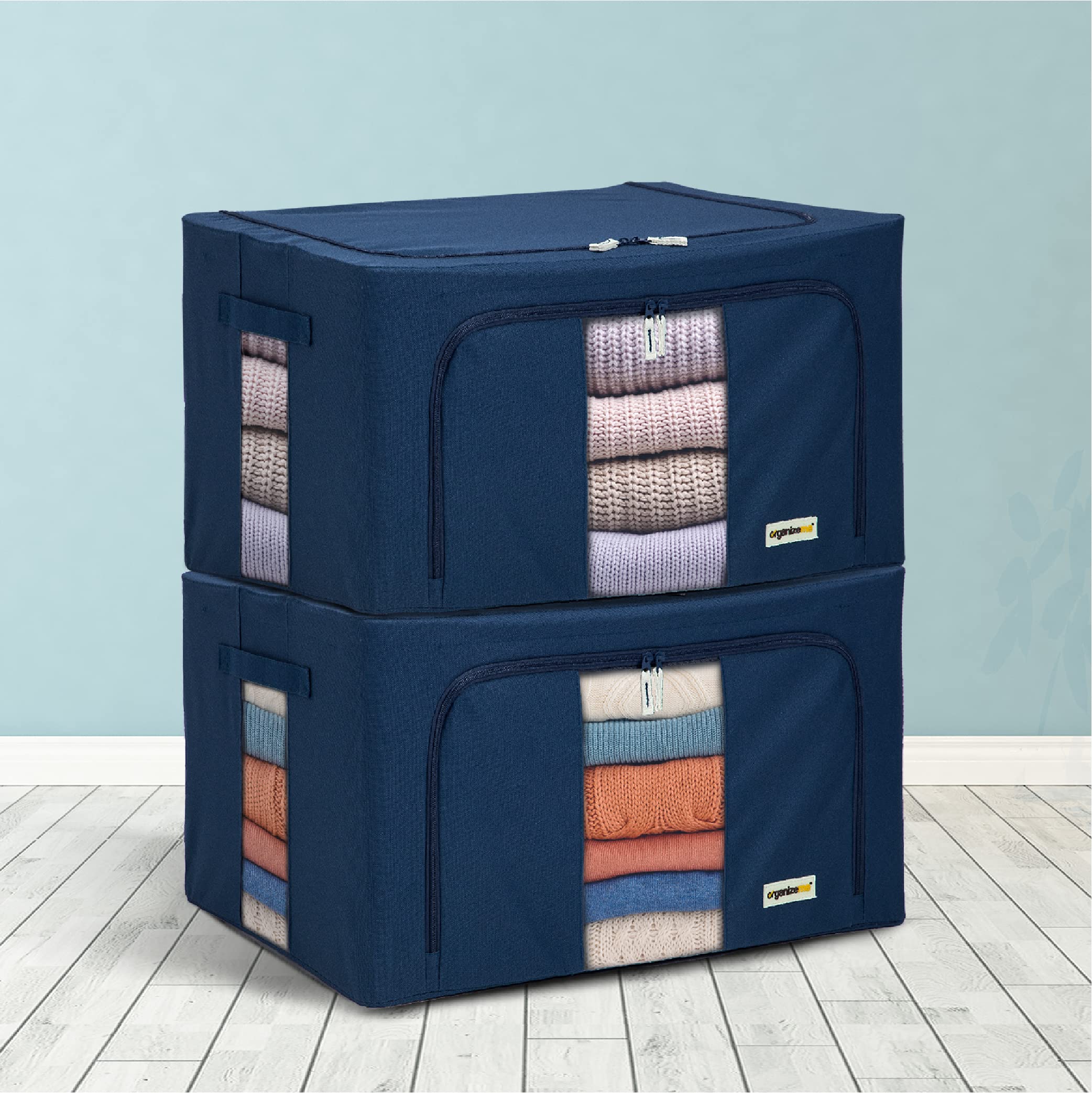 Foldable Clothes Storage Organizer - 2 Pack 66L Collapsible Storage Bins with Strong Handles & Sturdy Zippers | Premium Fabric for Blankets, Seasonal Clothes & Bedding | Space-Saving Under Bed & Closet Organization Solution (Sapphire Blue)