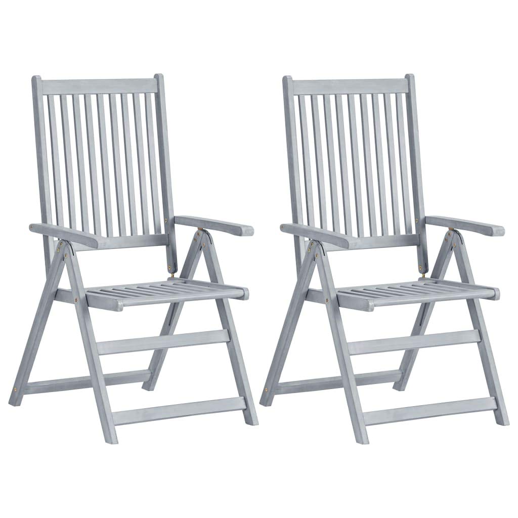 2 Pack Adjustable Reclining Folding Chairs - Solid Acacia Wood Patio Furniture for Indoor, Outdoor, Garden & Pool Use - Portable Gray Lounge Chairs for Relaxing, Sunbathing and Backyard Gatherings