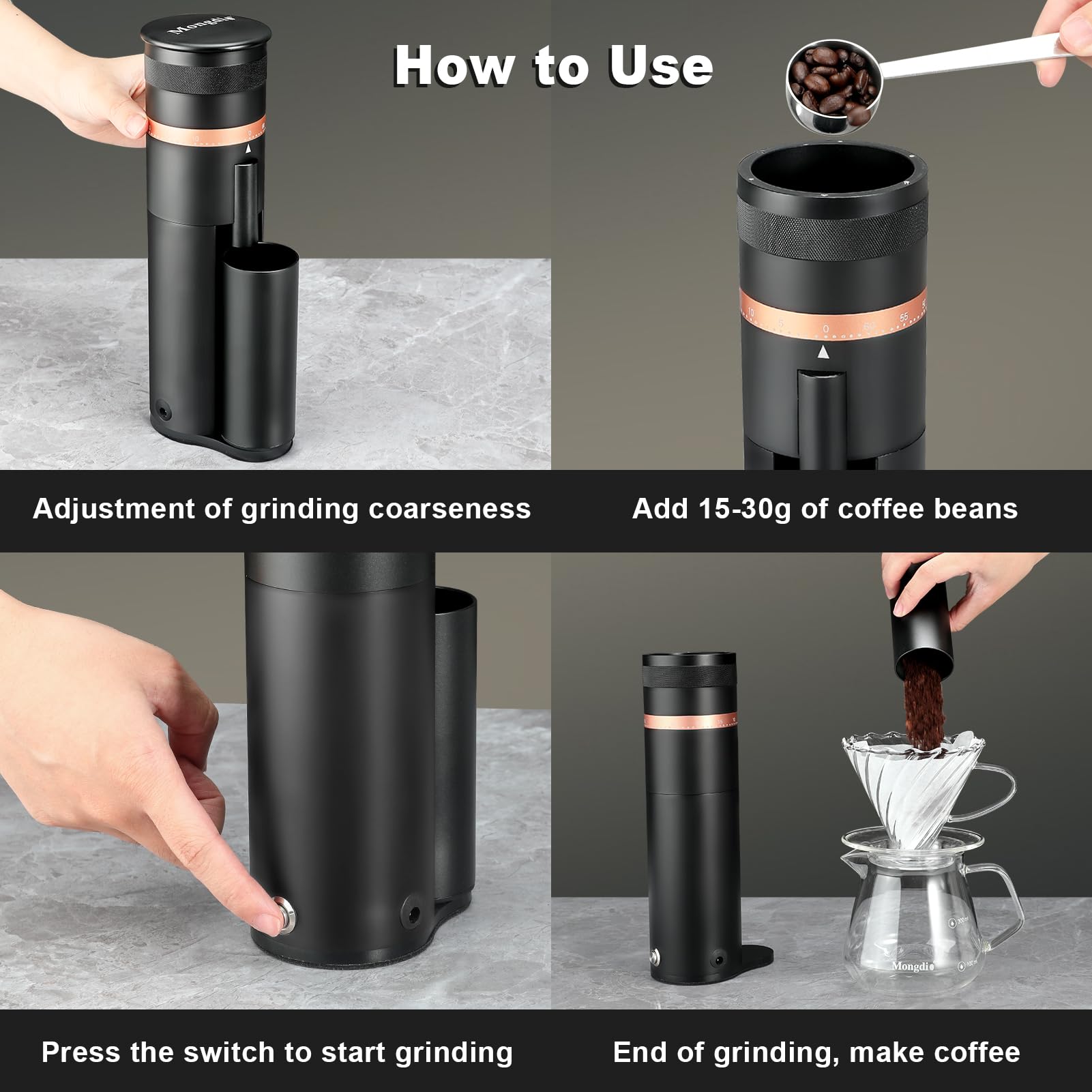 Premium Mongdio Single Dose Electric Coffee Grinder - 60 Adjustable Settings for Espresso & Brewing - Aluminum Bean Grinder with LCD Display (Black) - Perfect for Home Baristas & Coffee Shops