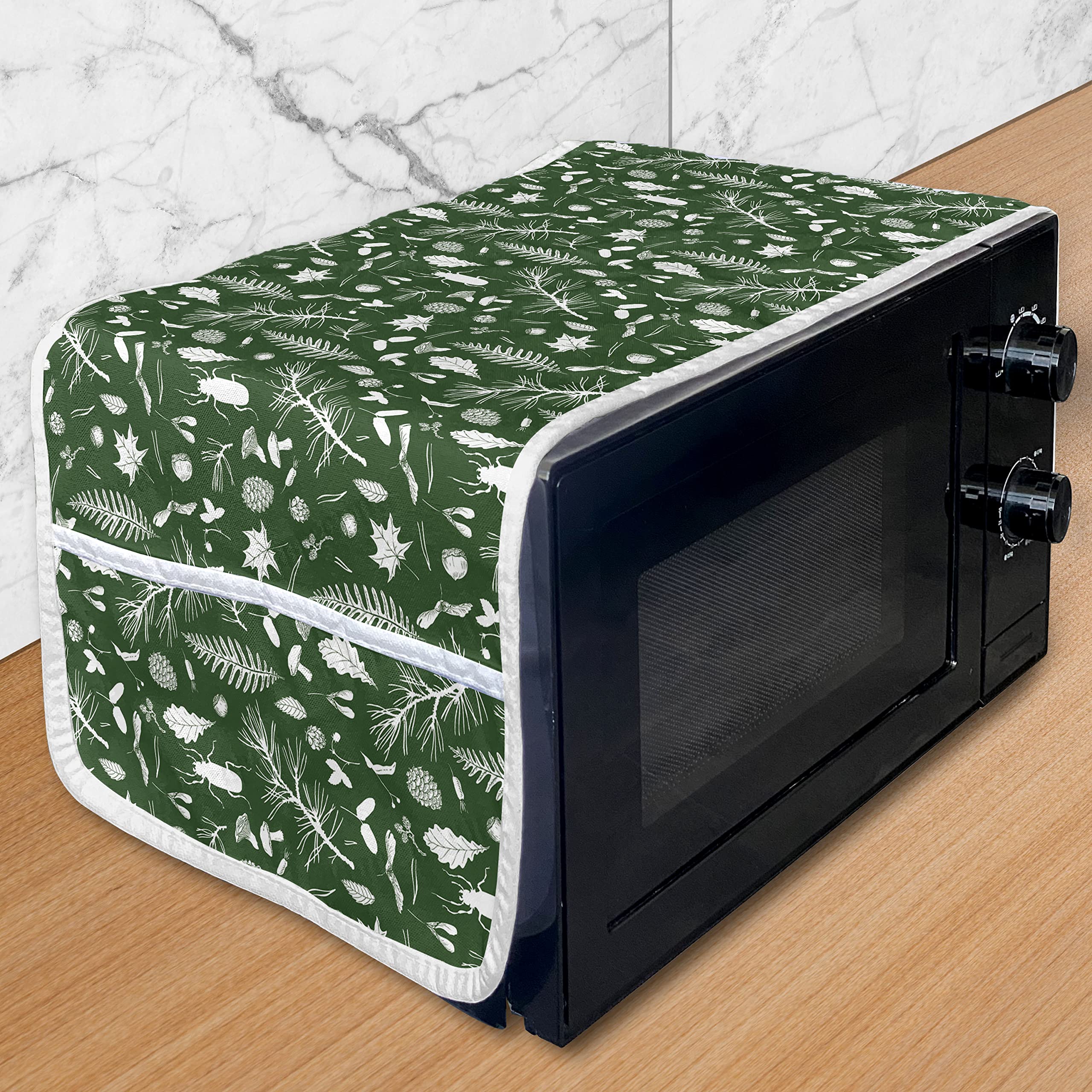 Ambesonne Woodsy Microwave Cover - Hand-Drawn Forest Leaves, Twigs, Pine Cones & Beatles Design - Waterproof Kitchen Organizer with Pockets - 36