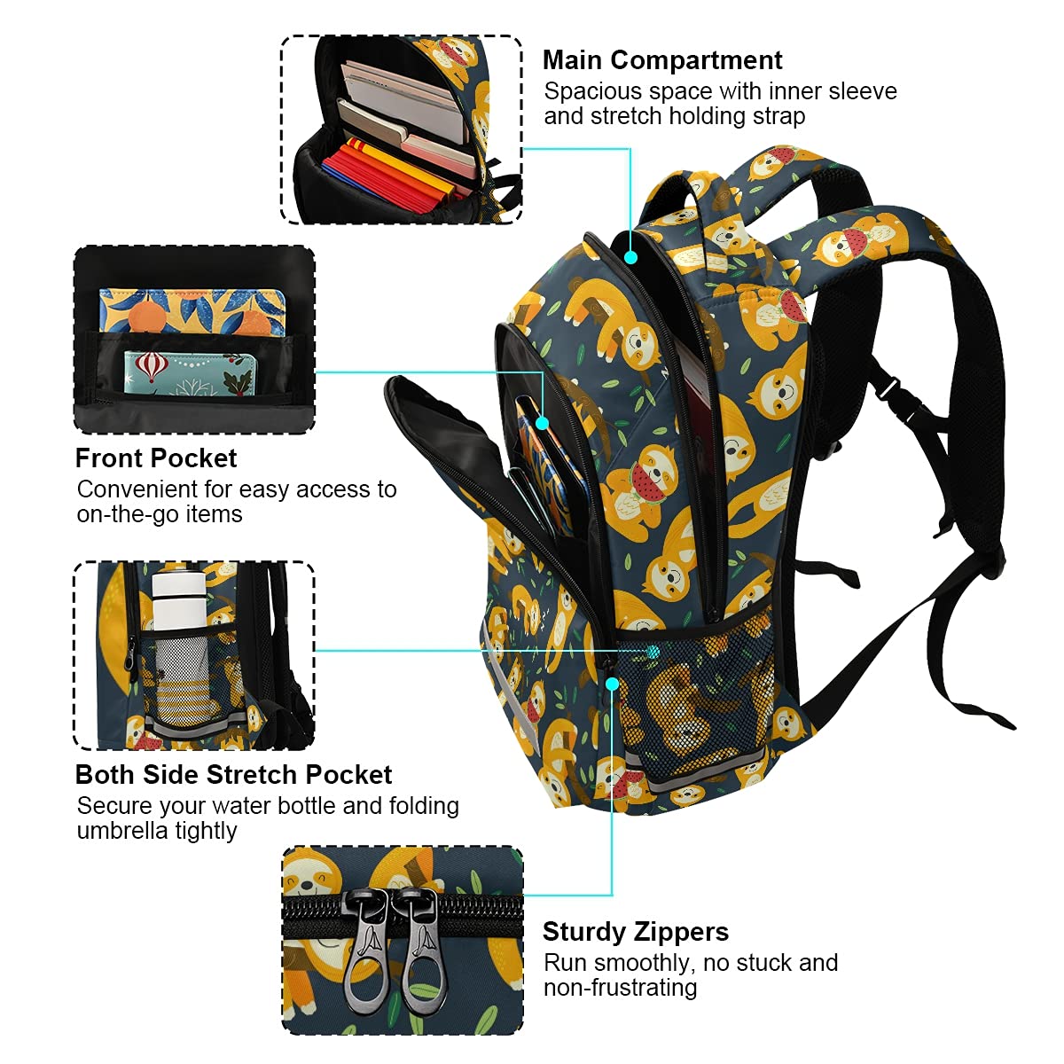 Funny Sloth Print School Backpack with Adjustable Chest Strap - Lightweight Laptop Backpack for Boys & Girls, Durable Travel & Hiking Rucksack - Perfect for School, College, Outdoor Adventures & Daily Commute