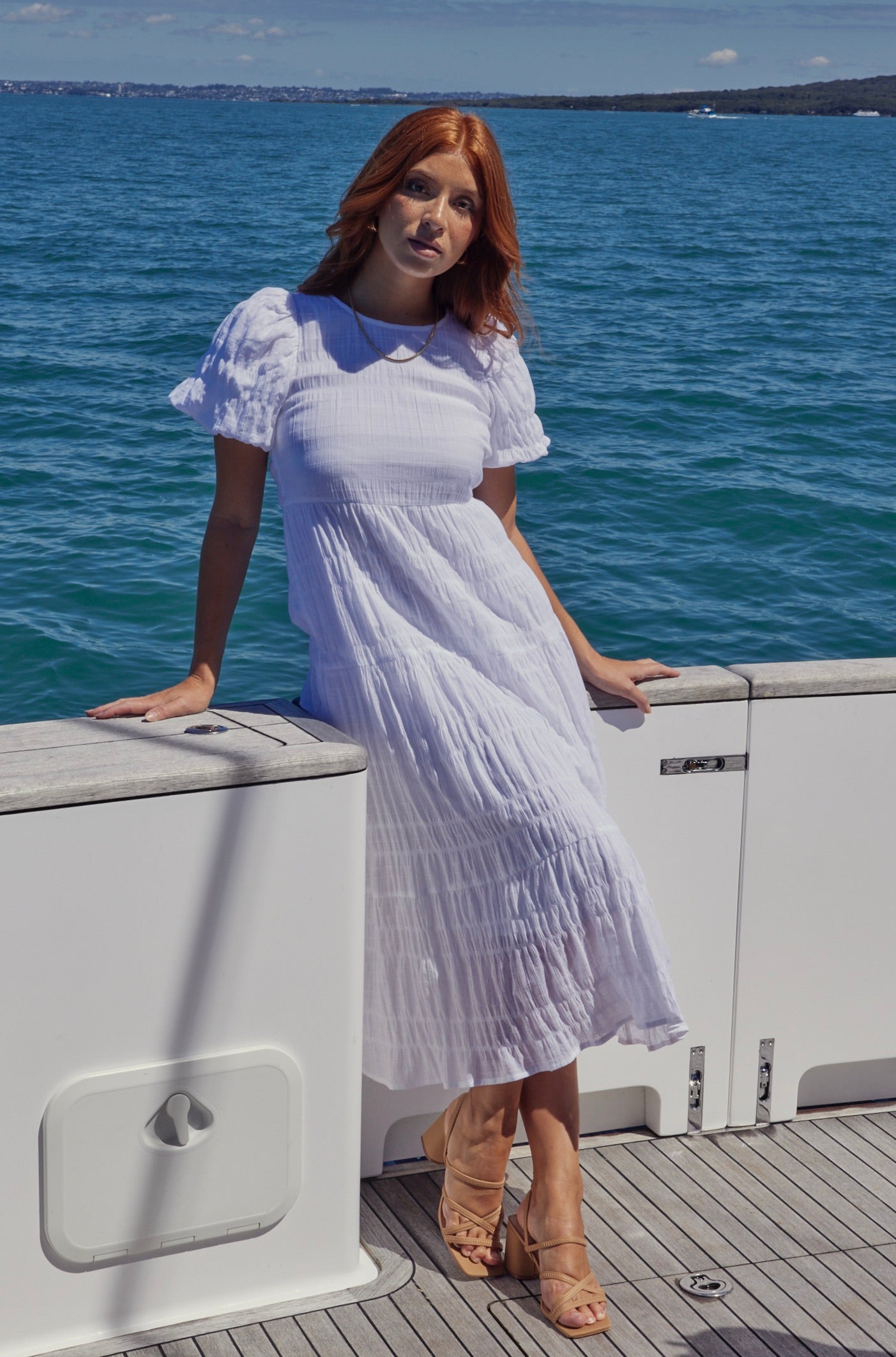 Elegant White Shirred Cotton Bubble Sleeve Tiered Maxi Dress for Women - Perfect for Summer Beach Vacations, Weddings & Boho Chic Outfits